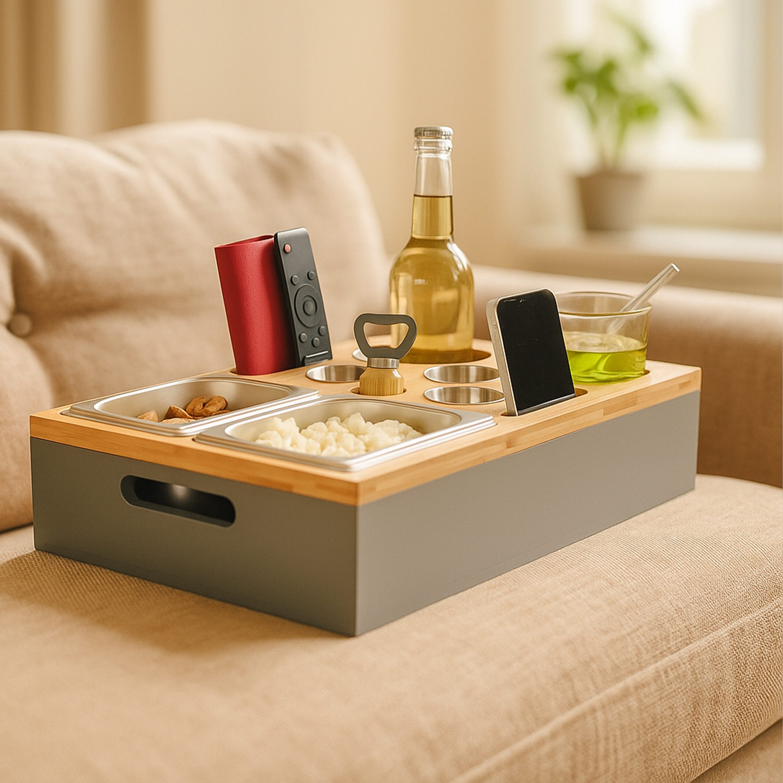 relaxdays Tabletttisch Couchbar mit Zubehör, grau