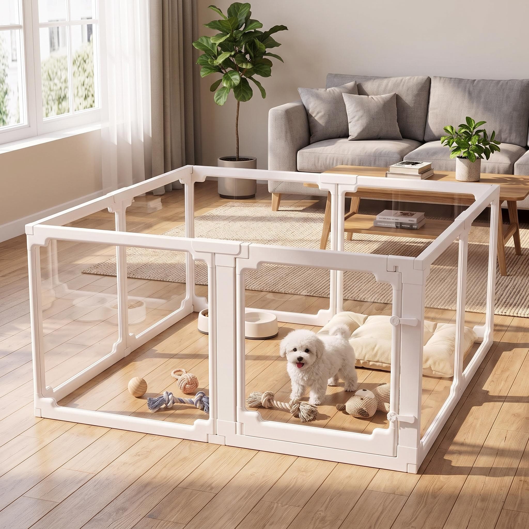 TLGREEN Freigehege Acryl Welpenauslauf 125×120×60cm, mit Tür, modularer Kleintierzaun, 8 Platten mit Anti-Rutsch-Füßen