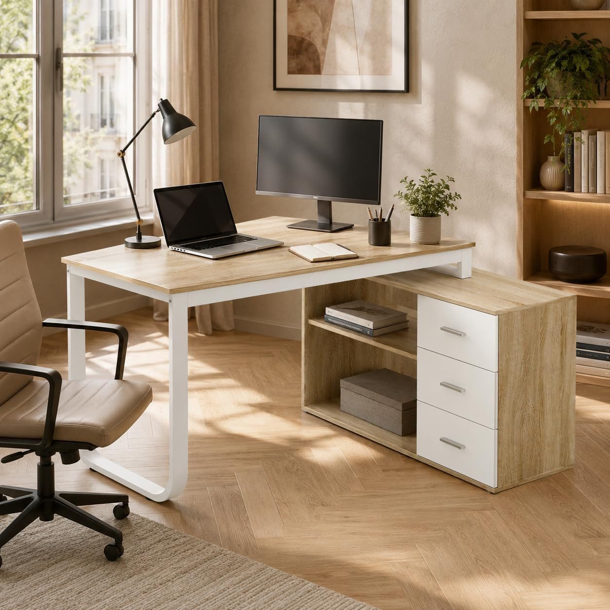 FUFU&GAGA Schreibtisch 80-160cm Computertisch Homeoffice, Weiß & Holz, LED