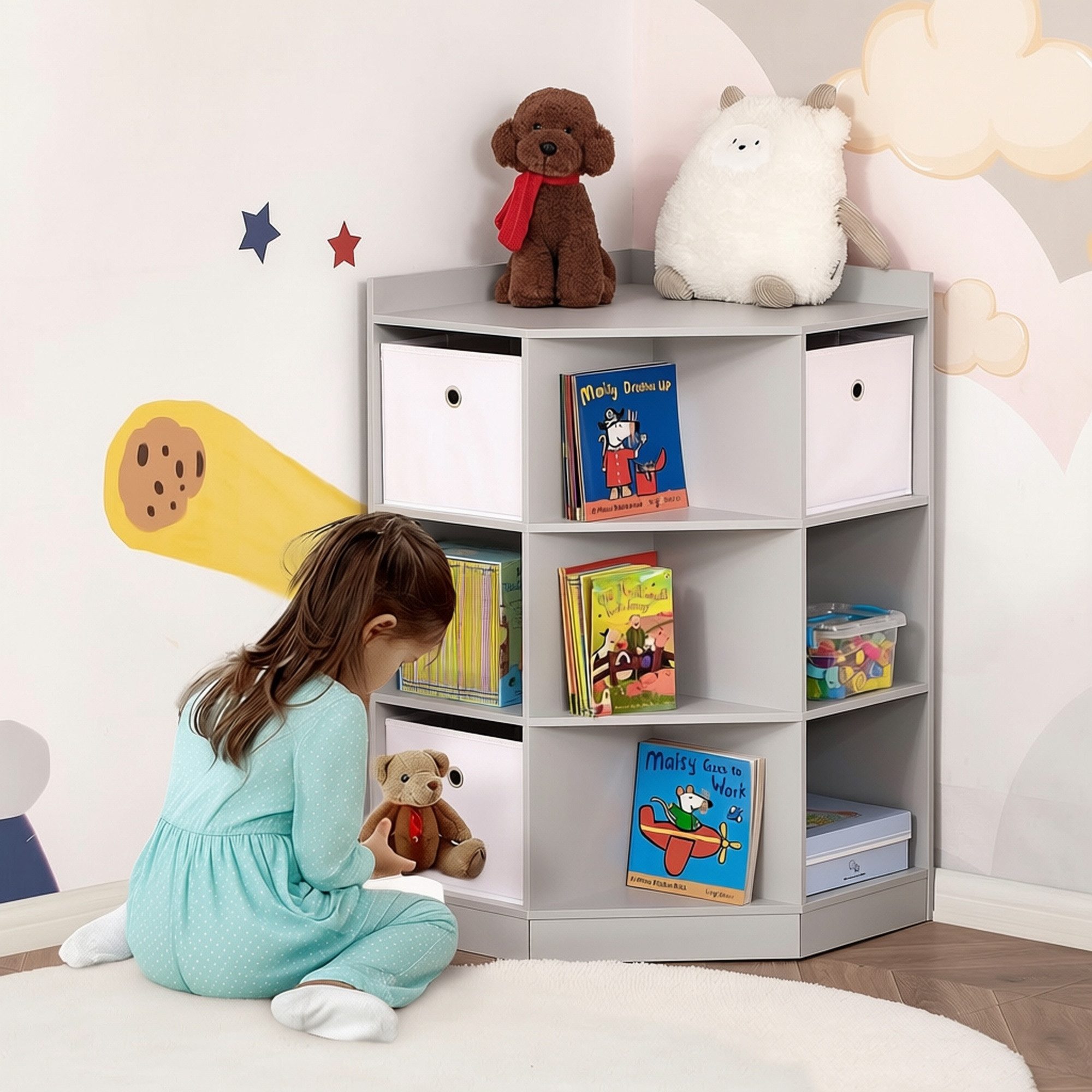 HOMCOM Kinderregal Bücherregal Kinderzimmerregal, 7 offene Fächer, Kindergarten, Eckregal mit 3 Aufbewahrungsboxen 1-tlg., für Kinderzimmer, für 3-12 Jahre Kind – Bild 2 von 5