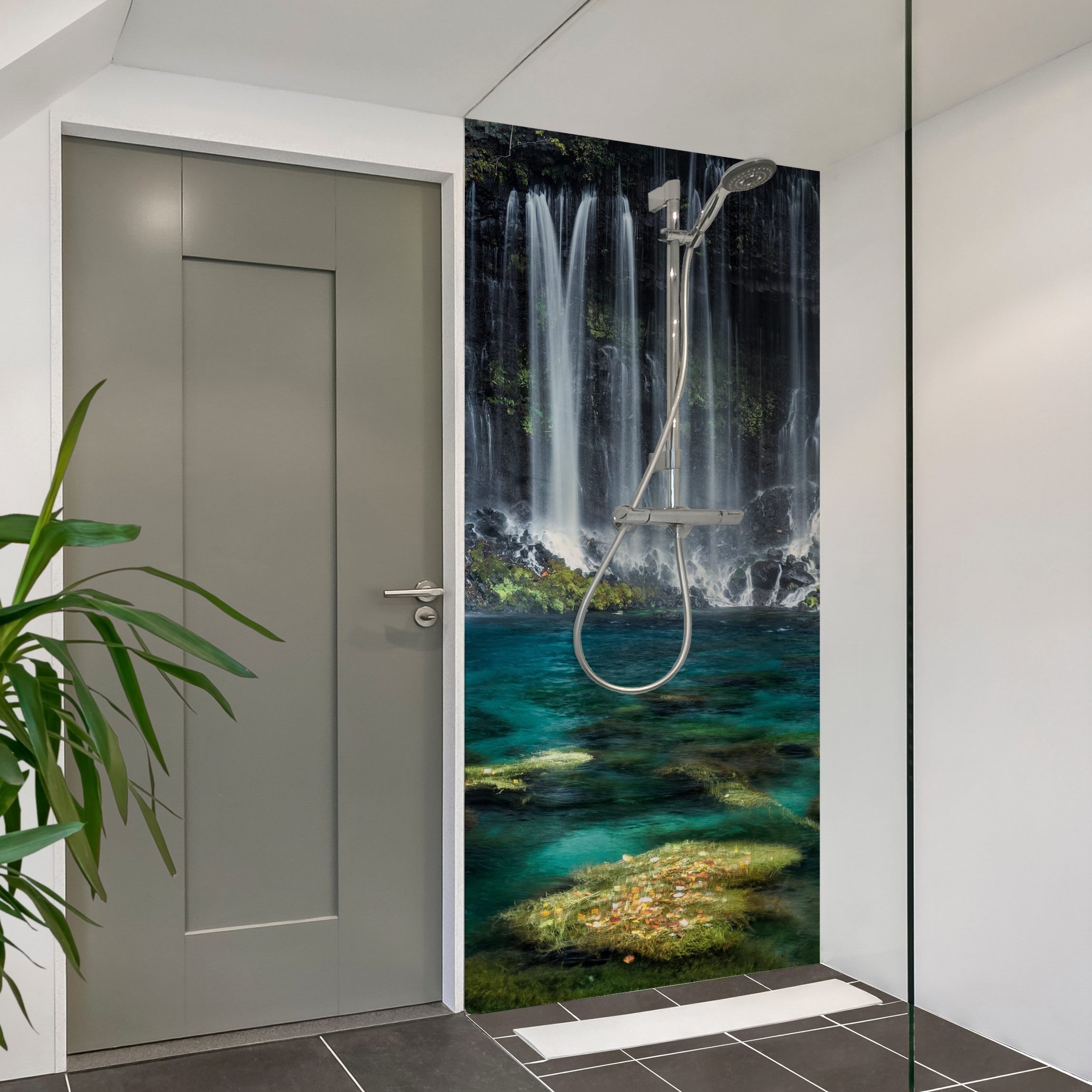 Bilderdepot24 Duschrückwand Wasserfall petrol Duschrückwand ohne Bohren Wald Natur, (1-tlg., 0,61 mm starke Folie selbstklebend Wandpaneele Dusche versch. Größen), fugenlose & wasserfeste Motiv Rückwand Wandverkleidung für Duschkabine