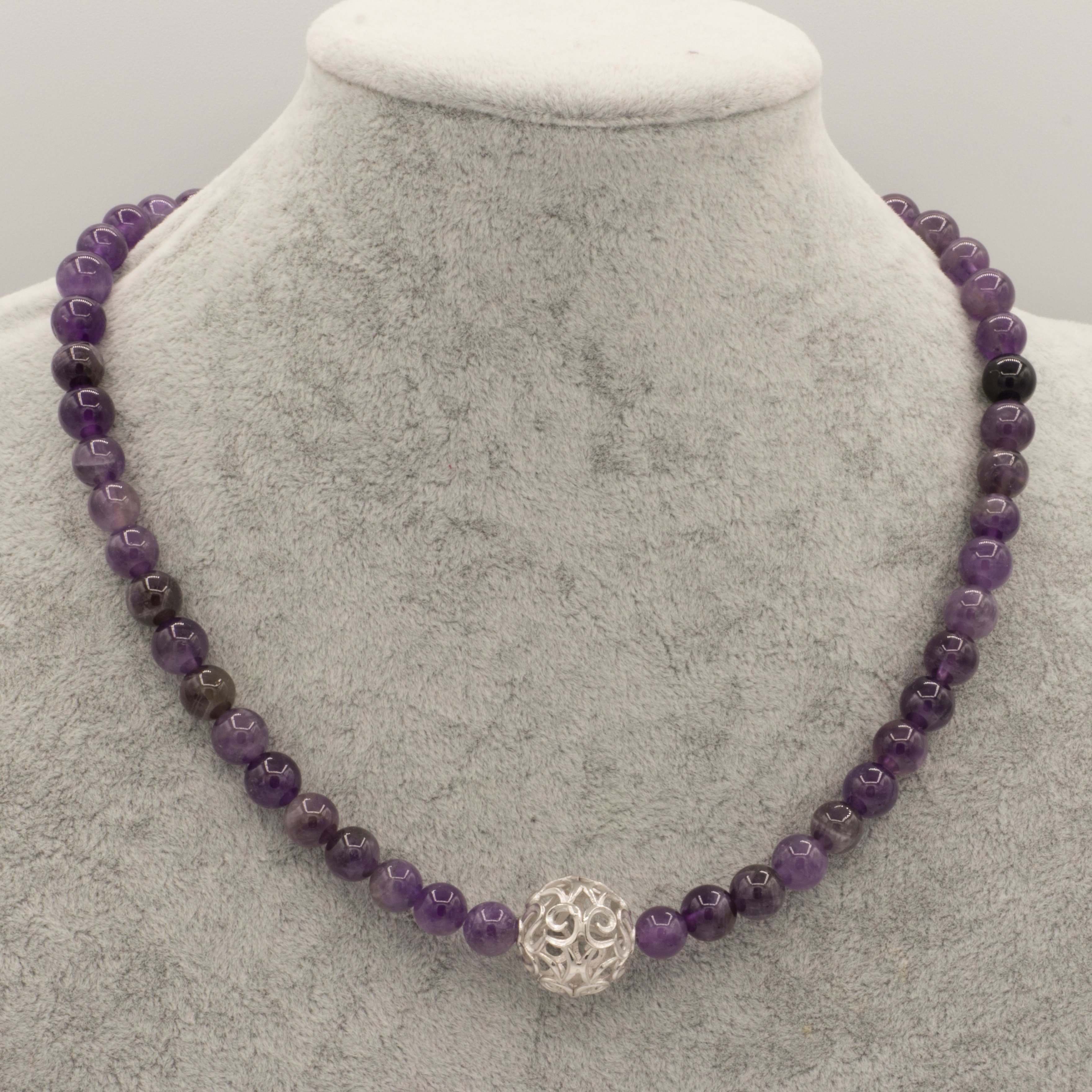 Perlenkette Kette mit Amethyst Perlen und großer 925 Silberperle, mit großer Perle aus 925 Silber