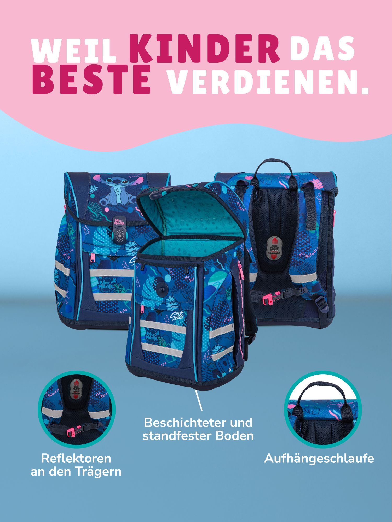 McNeill Schulranzen Schulranzen Disney Stitch Schultaschen Set Mädchen 1. Klasse (Set, 9-tlg., inkl. Brotdose, Trinkflasche & große Sporttasche), mit Brustgurt, – Bild 4 von 5