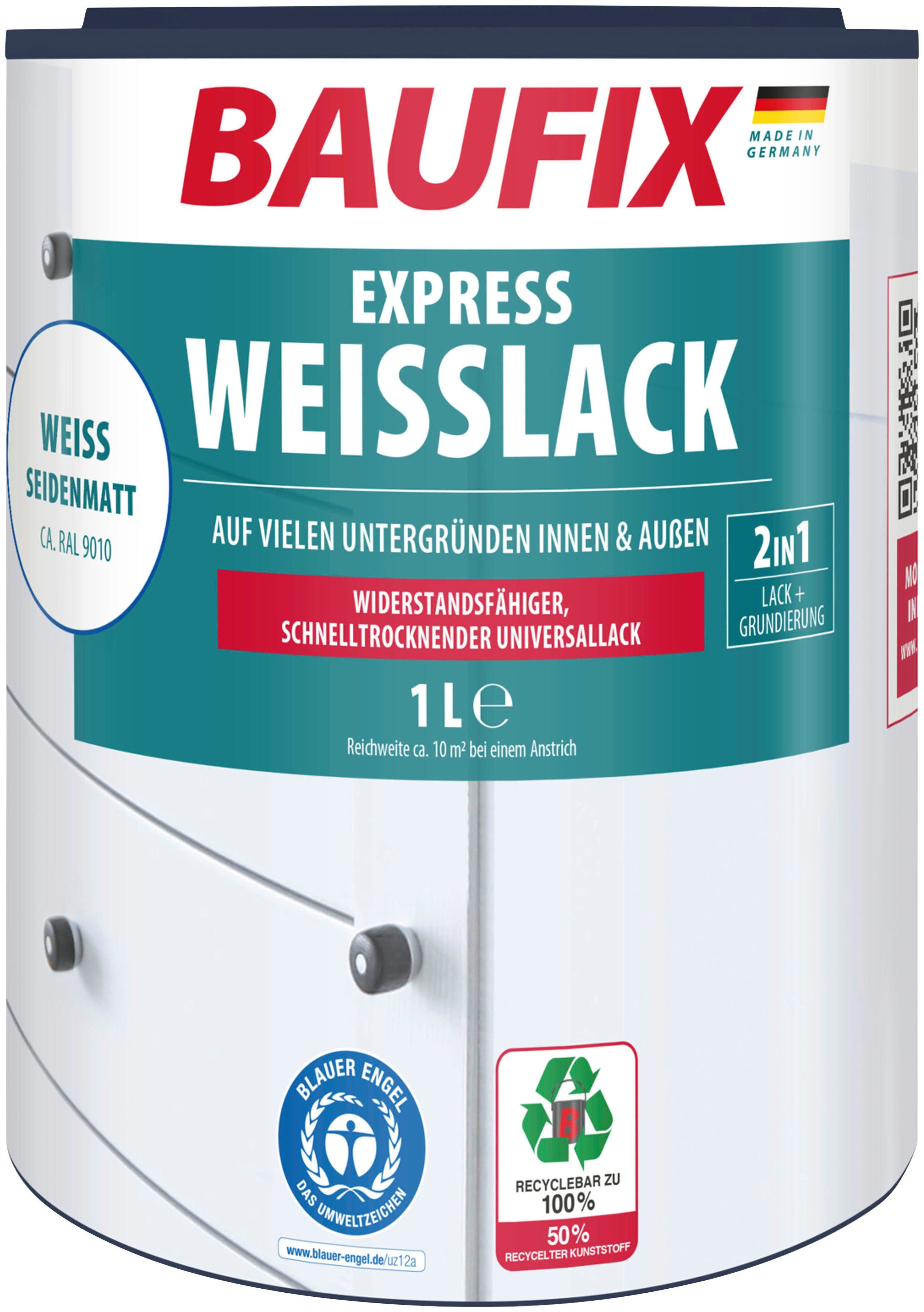 Baufix Weißlack erhöhte vergilbungsbeständig, 1L seidenmatt weiß Express Weißlack, Witterungsbeständigkeit