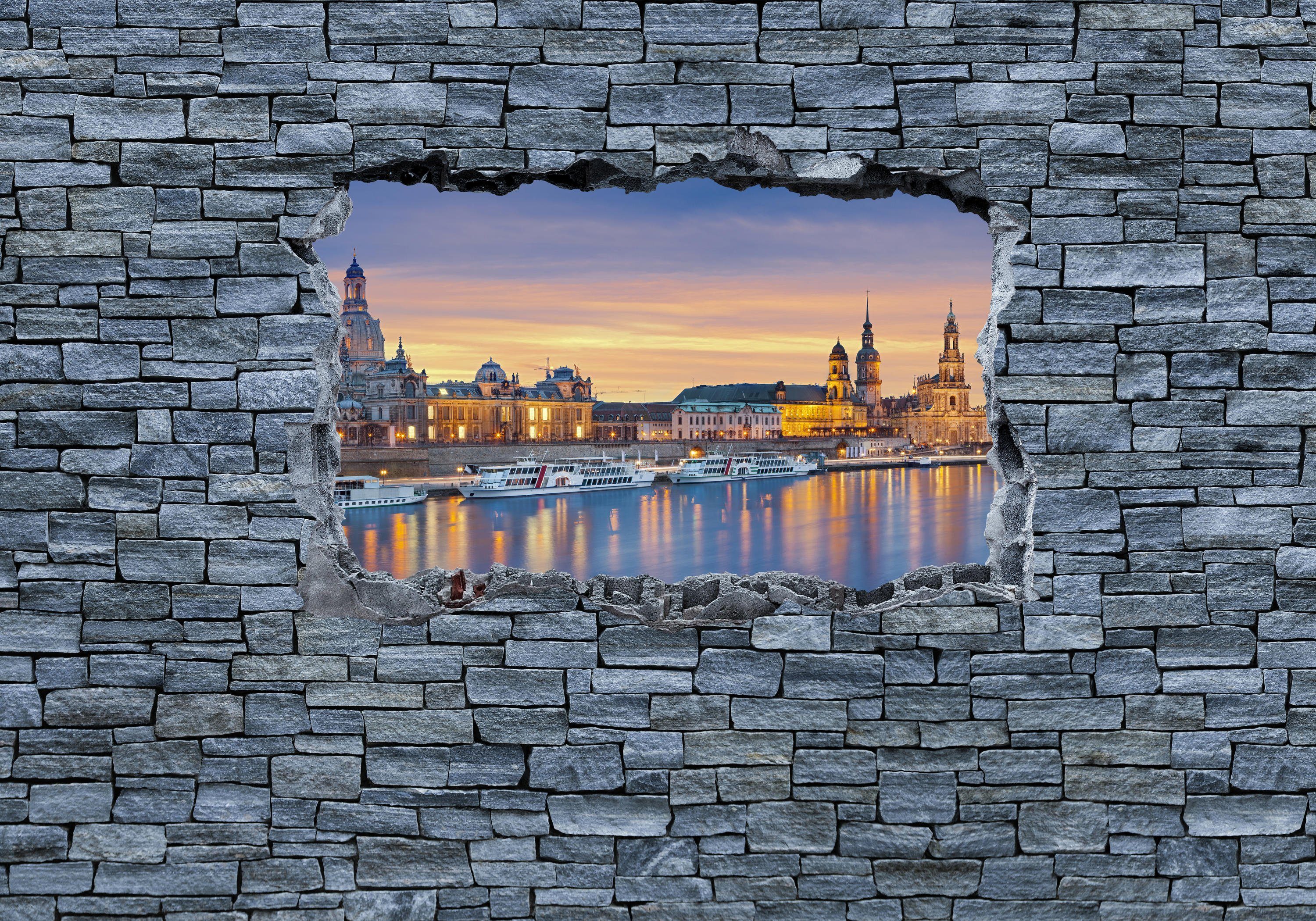 Dresden glatt, 3D Vliestapete grobe Fototapete Steinmauer, Wandtapete, matt, - wandmotiv24 Motivtapete,