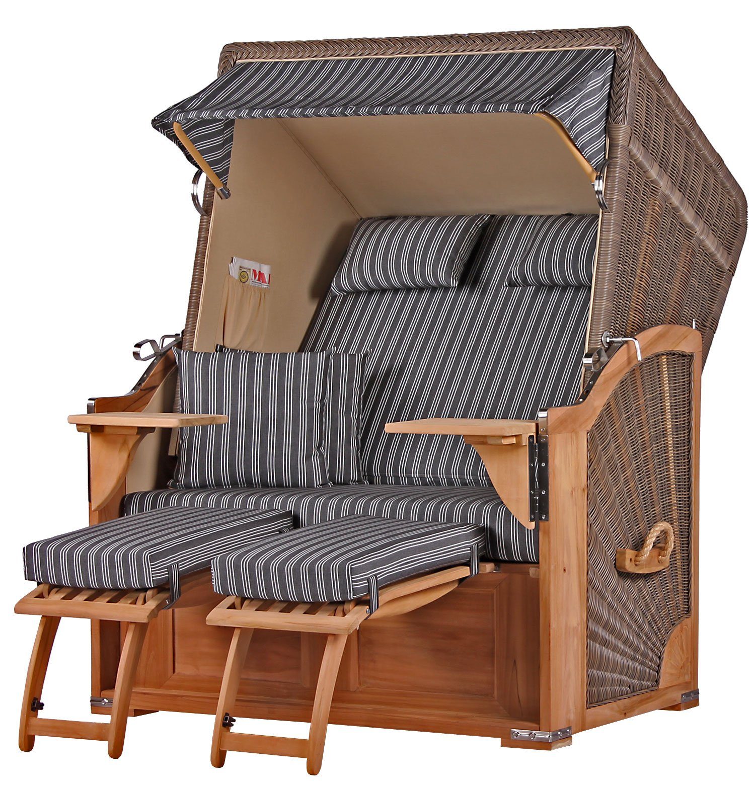 bene living Strandkorb Schaalsee 2-Sitzer Teak - PE grau - Modell 500, BxTxH: 125x80x170 cm, Volllieger ca. 175 Grad, Ostsee-Strandkorb Komplettset, inkl. Liftersystem