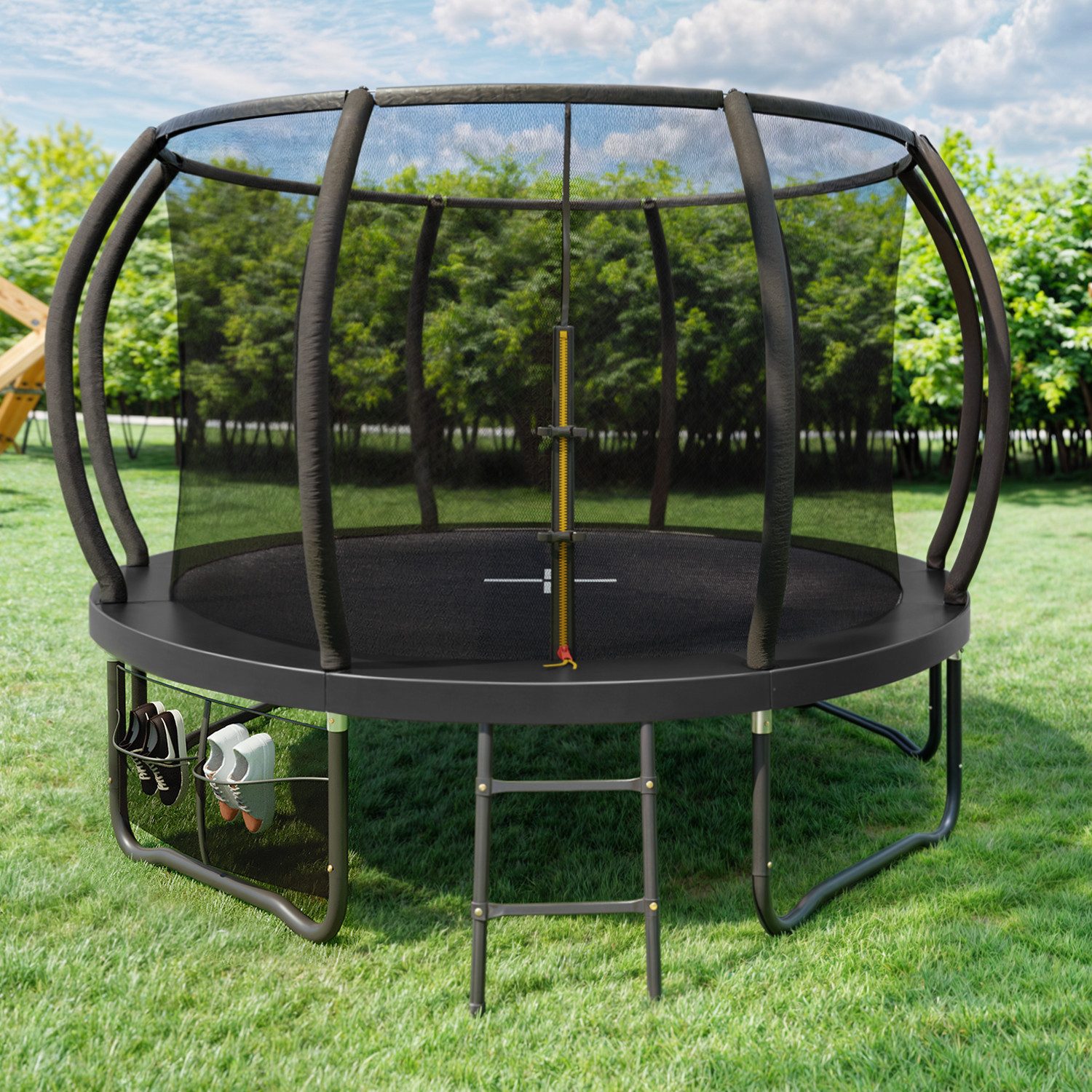 GUNJI Gartentrampolin trampolin 305/366cm, Kindertrampolin mit Sicherheitsnetz und Geländer, Ø 366 cm, (150 kg Tragfähigkeit, in den Farben schwarz und blau erhältlich, 360°-Geländer)