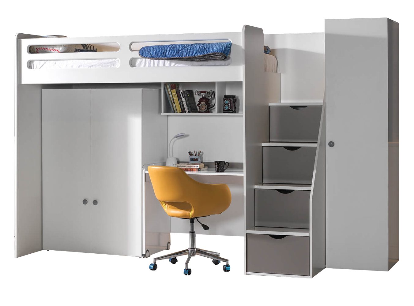 Möbel-Zeit Etagenbett Hochbett Smart mit Treppenregal inkl. Kleiderschrank und Schreibtisch grau | Etagenbetten