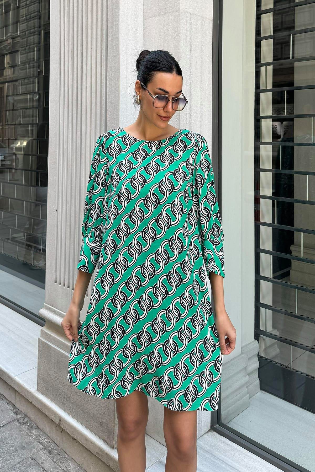 Midikleid Grünes Satin-Kettenmuster-Kleid
