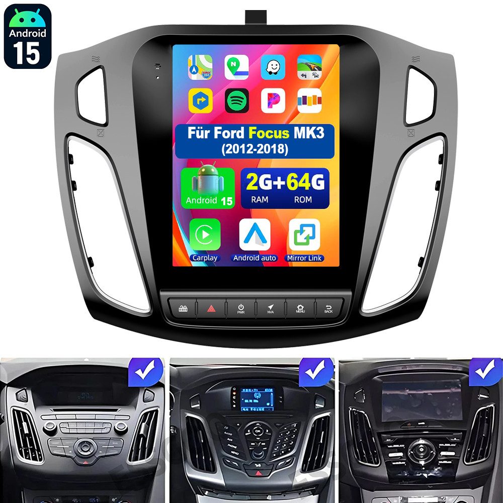 ESSGOO Android 15 CarPlay 64G Car Stereo For Ford Focus MK3 2012-2018 GPS BT Autoradio (Digitalradio (DAB), 4+64GB(optional), RDS, AM, FM, Carplay Android Auto Bluetooth EQ USB GPS Navi WIFI Touchscreen)
