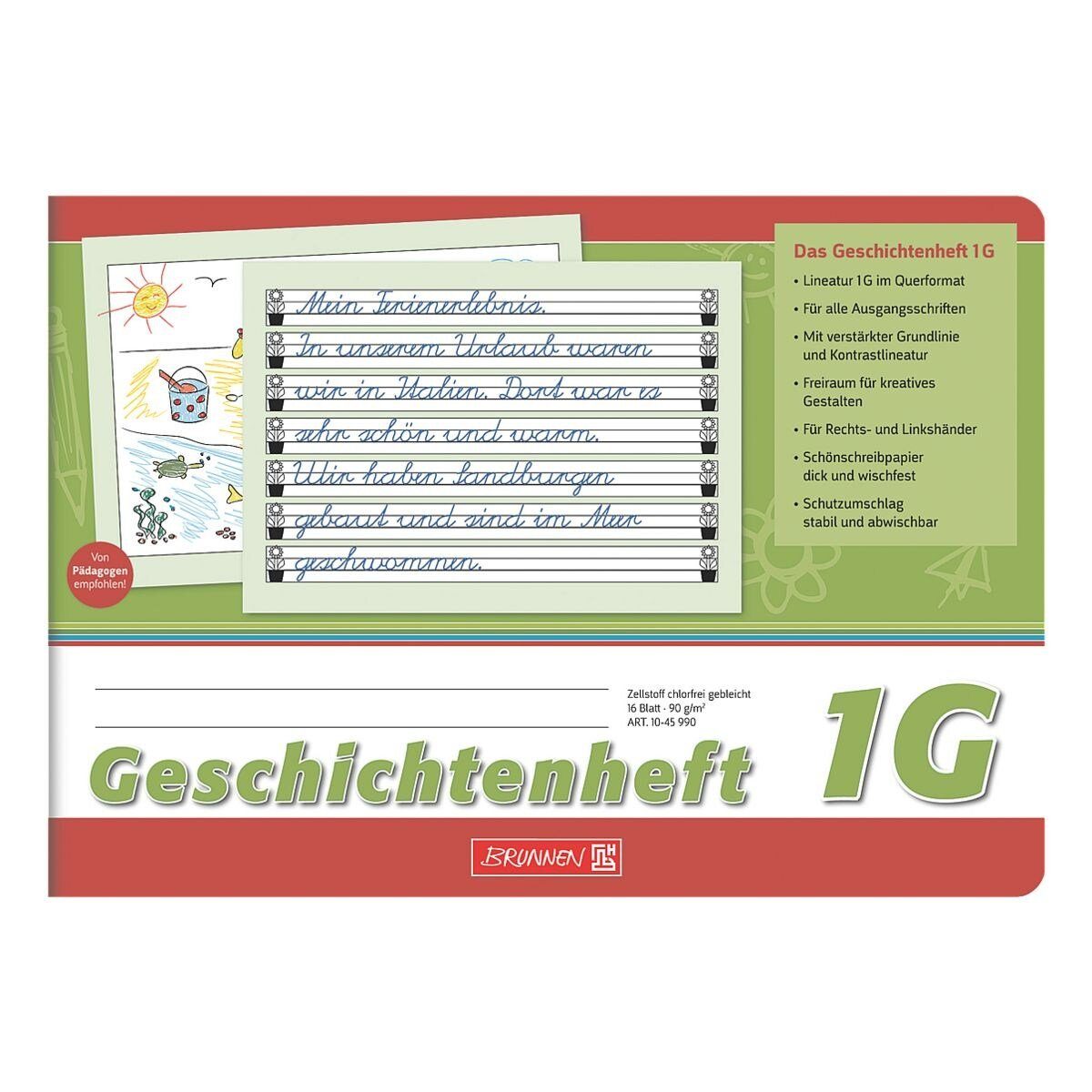 BRUNNEN Schulheft, liniert Geschichtenheft, 16 Blatt A5 (1G), quer