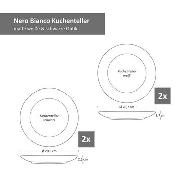 MamboCat Frühstücksteller 4x Nero Bianco Kuchenteller Weiß Schwarz matt 4 Personen Dessertteller