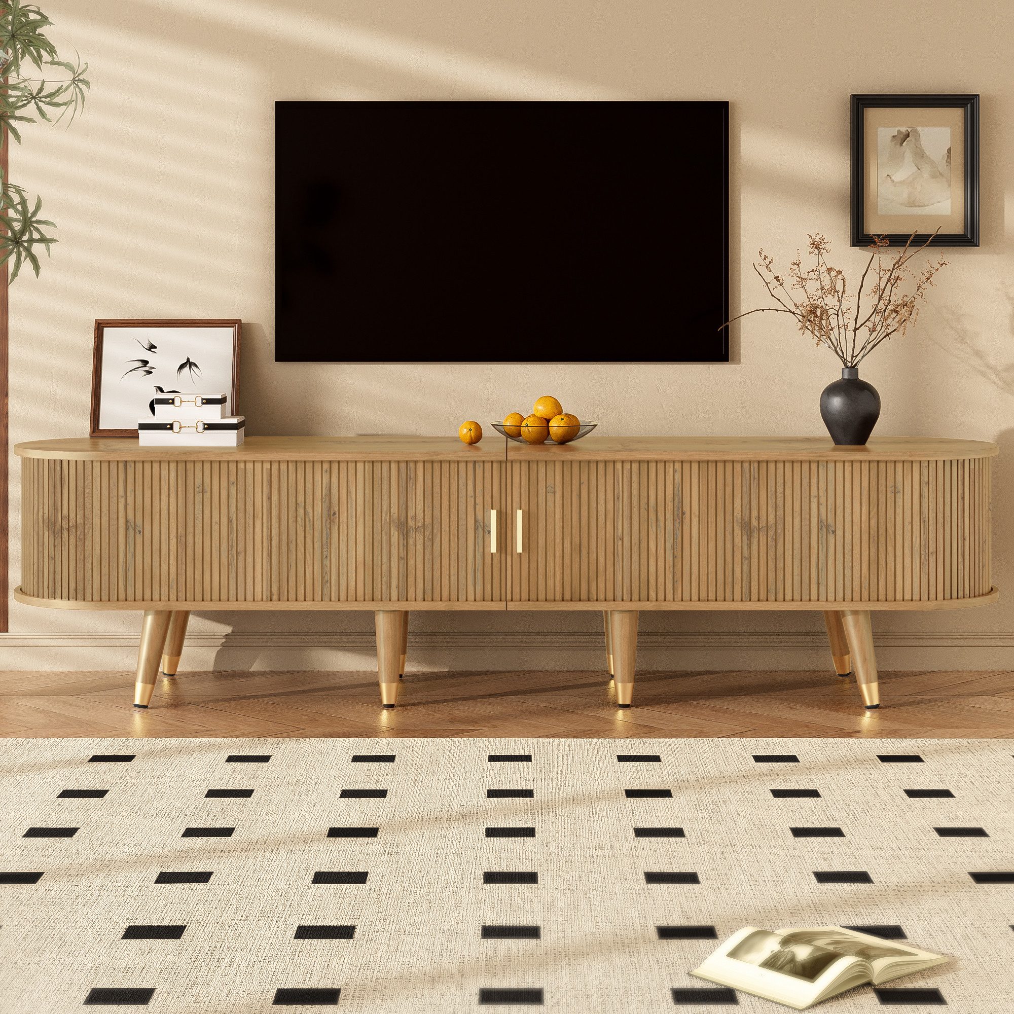 Merax Lowboard im Landhausstil mit Rattan-Schiebetür in Walnussoptik (1 St., 175 L x 38 B x 45 H), TV-Schrank mit offenen Fächern, Schubladen & Stauraum, Fernsehtisch