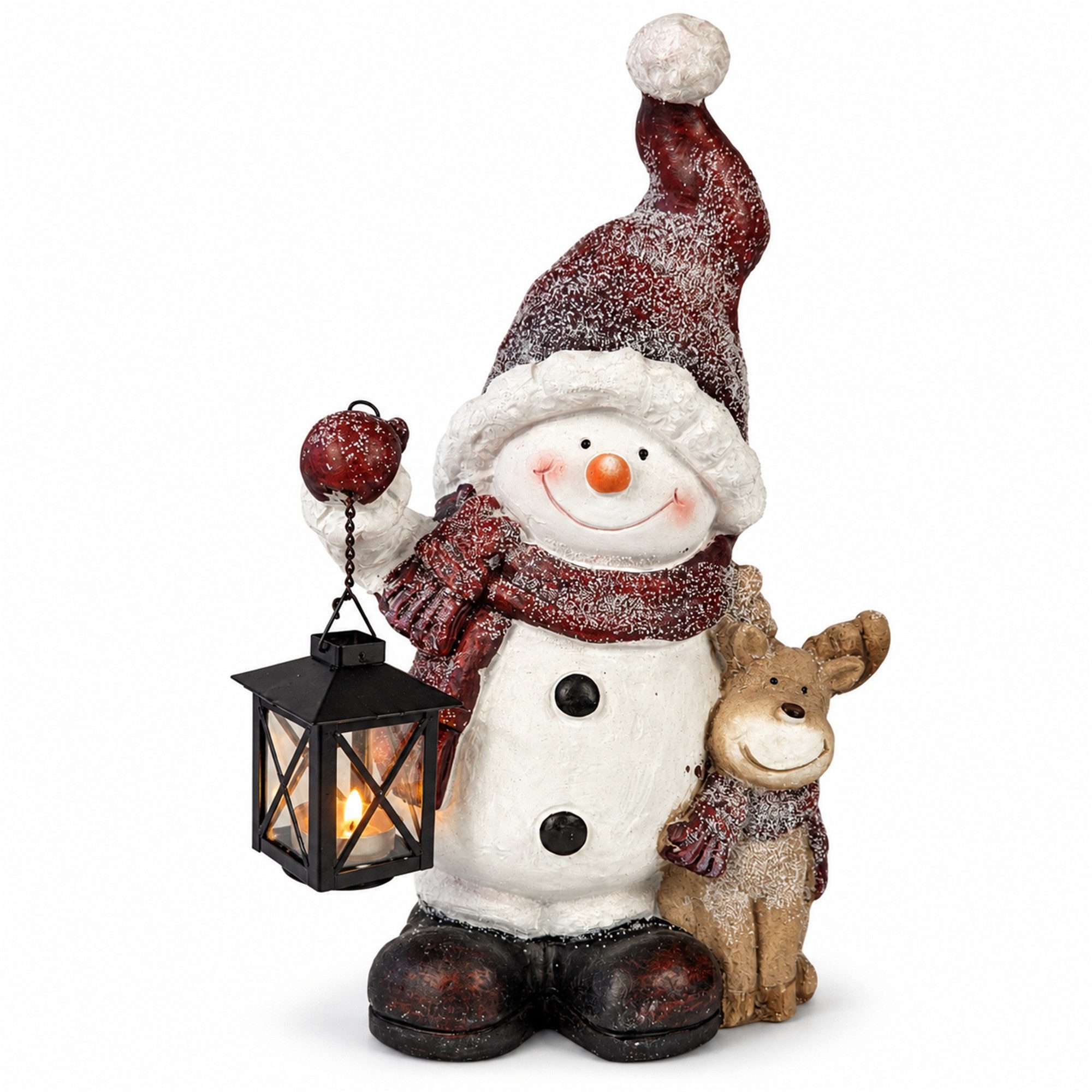 INtrenDU Schneemann Deko-Figur mit Rentier für innen und außen, 43 cm, Laterne für Teelichter und LED-Teelichter