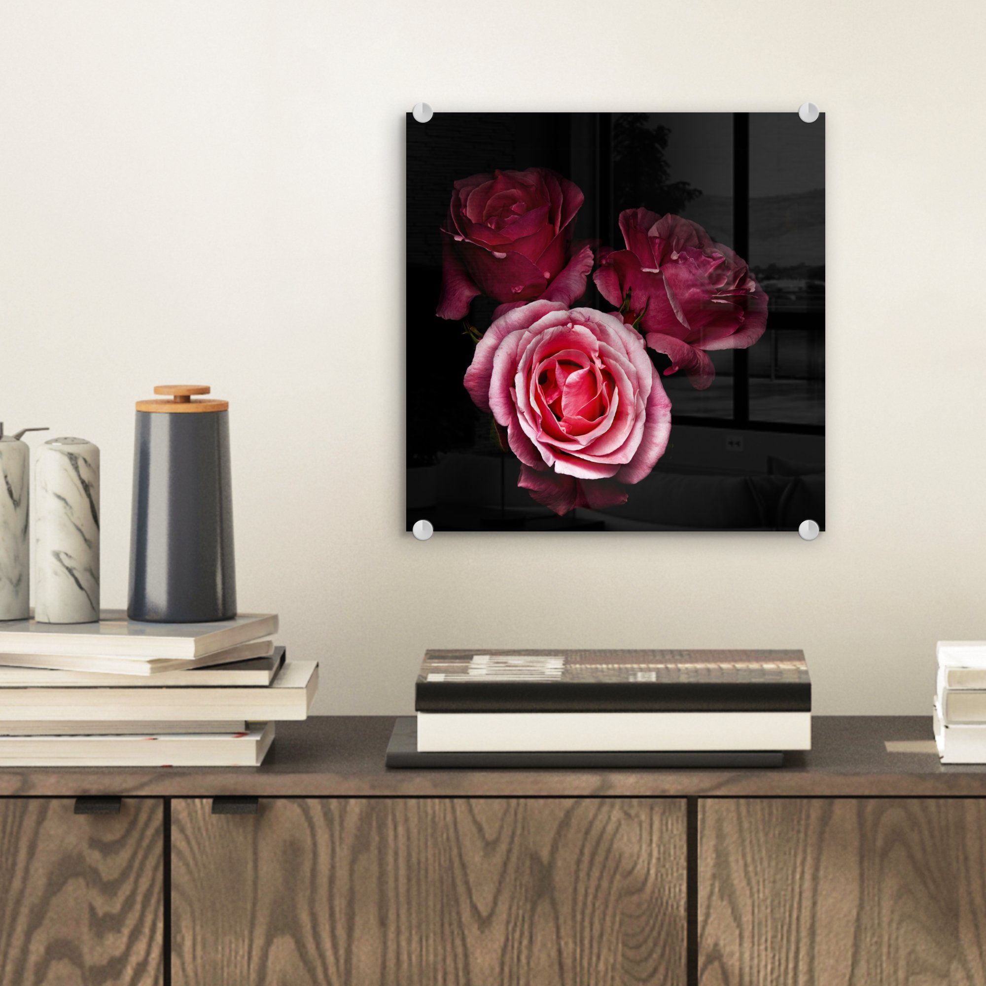 Foto St), - Glasbilder Glas rosa von Wanddekoration auf - MuchoWow auf Hintergrund, Foto - Rosen mit (1 Ein Acrylglasbild Glas Wandbild schwarzem Bilder