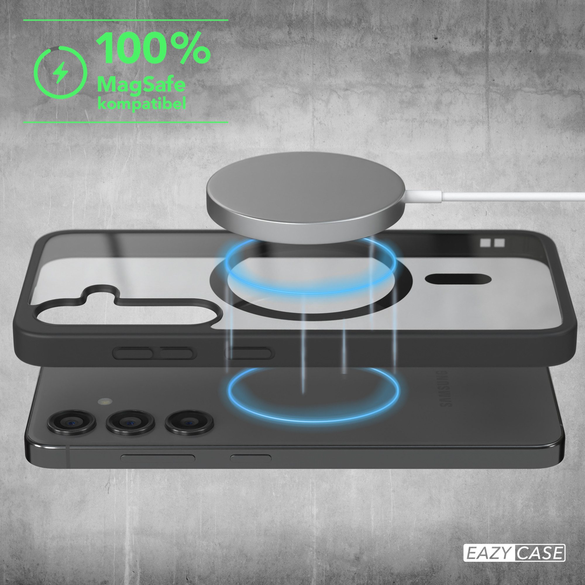 EAZY CASE Handyhülle Transparente Hülle mit MagSafe Samsung Galaxy S24 6,2 Zoll, Qi Charging kompatibel, Silicon Case, Slimcover Displayschutz, Schwarz