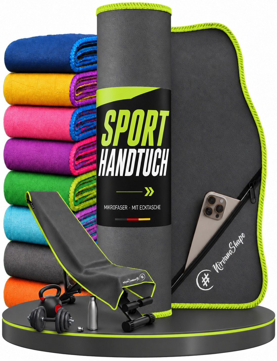 NirvanaShape Sporthandtuch NirvanaShape Mikrofaser Fitnesshandtuch mit Ecktasche und Knöpfen, saugfähig, leicht, schnelltrocknend, für Reisen, Fitness, Yoga, Sauna