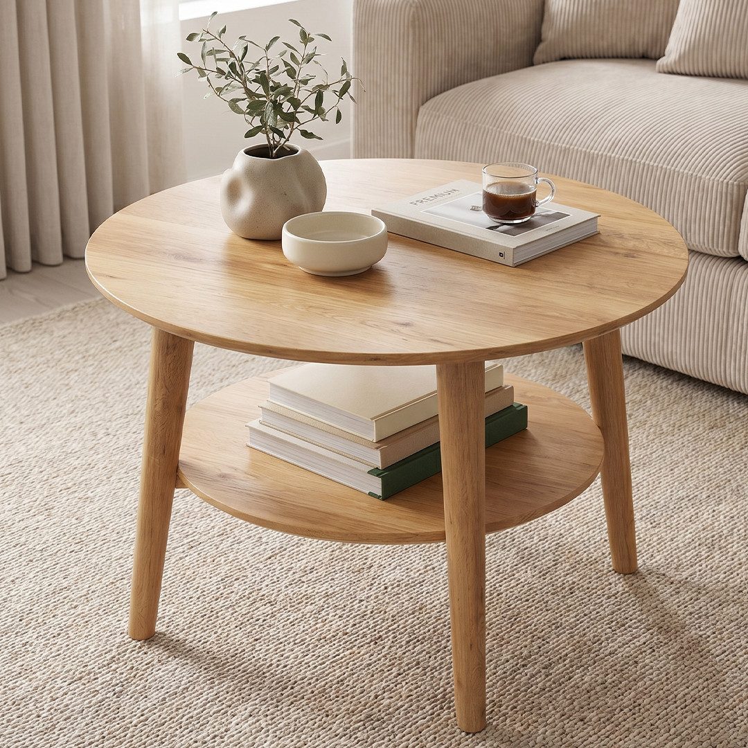 skølm Couchtisch Mjölnir aus Eiche Massivholz (Natur geölt), Wohnzimmertisch Ø70 cm mit 2 Ablagen, auch in oval erhältlich