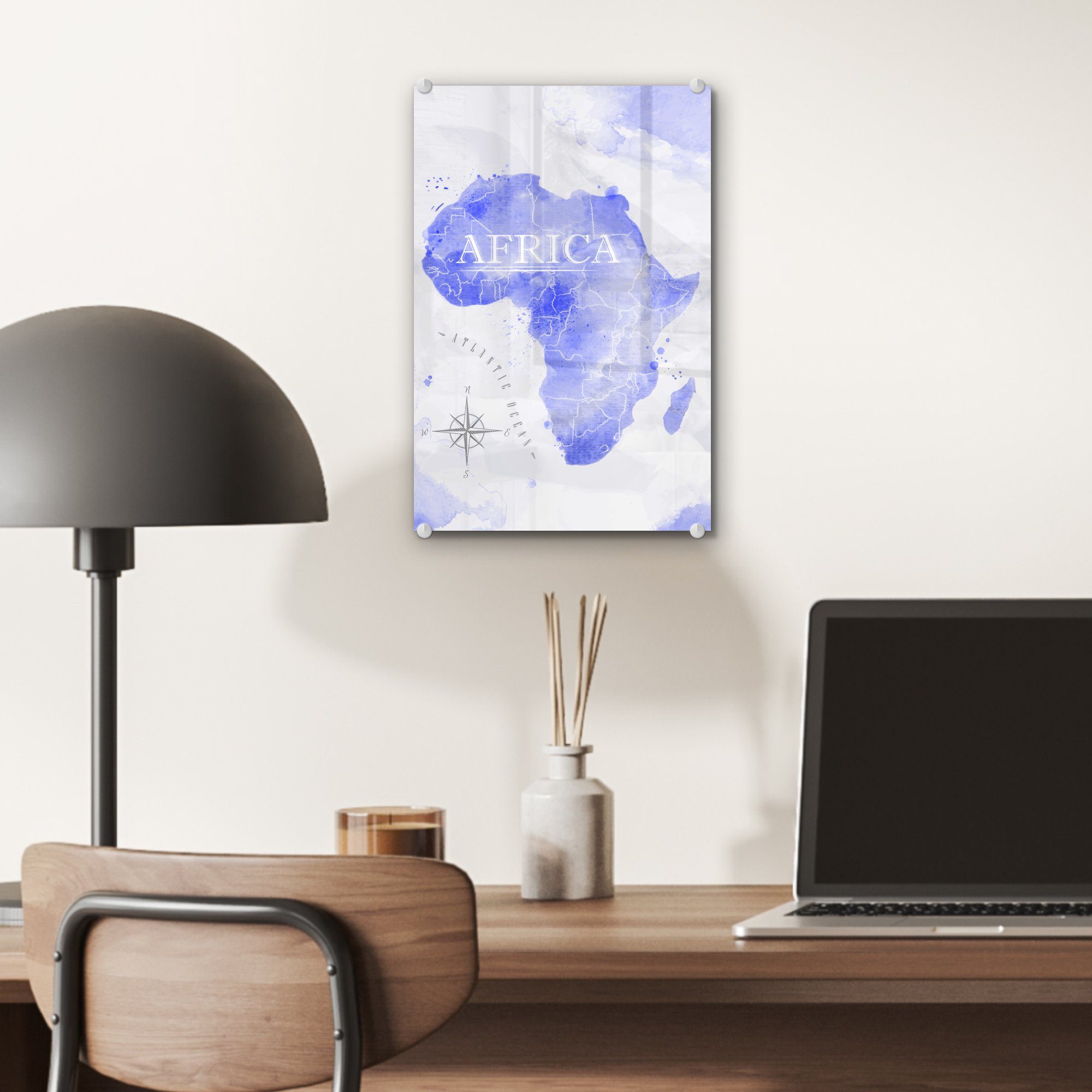- Bilder MuchoWow Blau, - Wandbild Wanddekoration Wasserfarben auf St), (1 - Glasbilder Foto - Glas Glas auf - Acrylglasbild Weltkarten