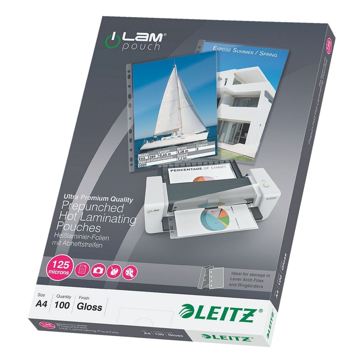 LEITZ Laminierfolie iLAM, A4, 125 µm, 100 St., A4, 125 mic, glänzend, abheftbar