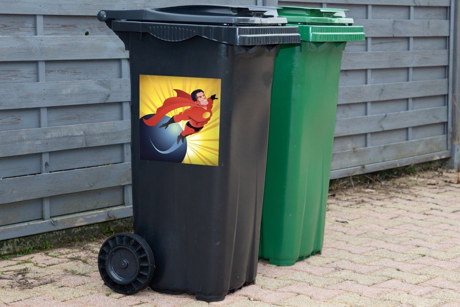 (1 der MuchoWow Sticker, Eine Mülleimer-aufkleber, St), fliegt eines Illustration - Wandsticker Mülltonne, die Abfalbehälter Container, Superhelden, Welt Jungen über