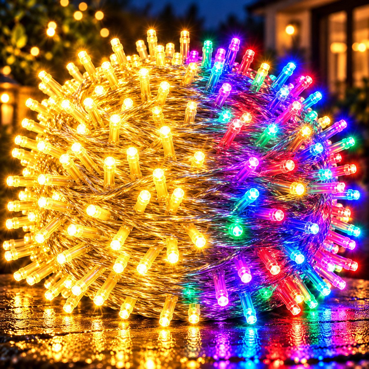 Ollny LED-Lichterkette 20m-60m, 300-flammig, Warmweiß, Kaltweiß & Bunt, 8–11 Leuchtmodi, dimmbar, Timer