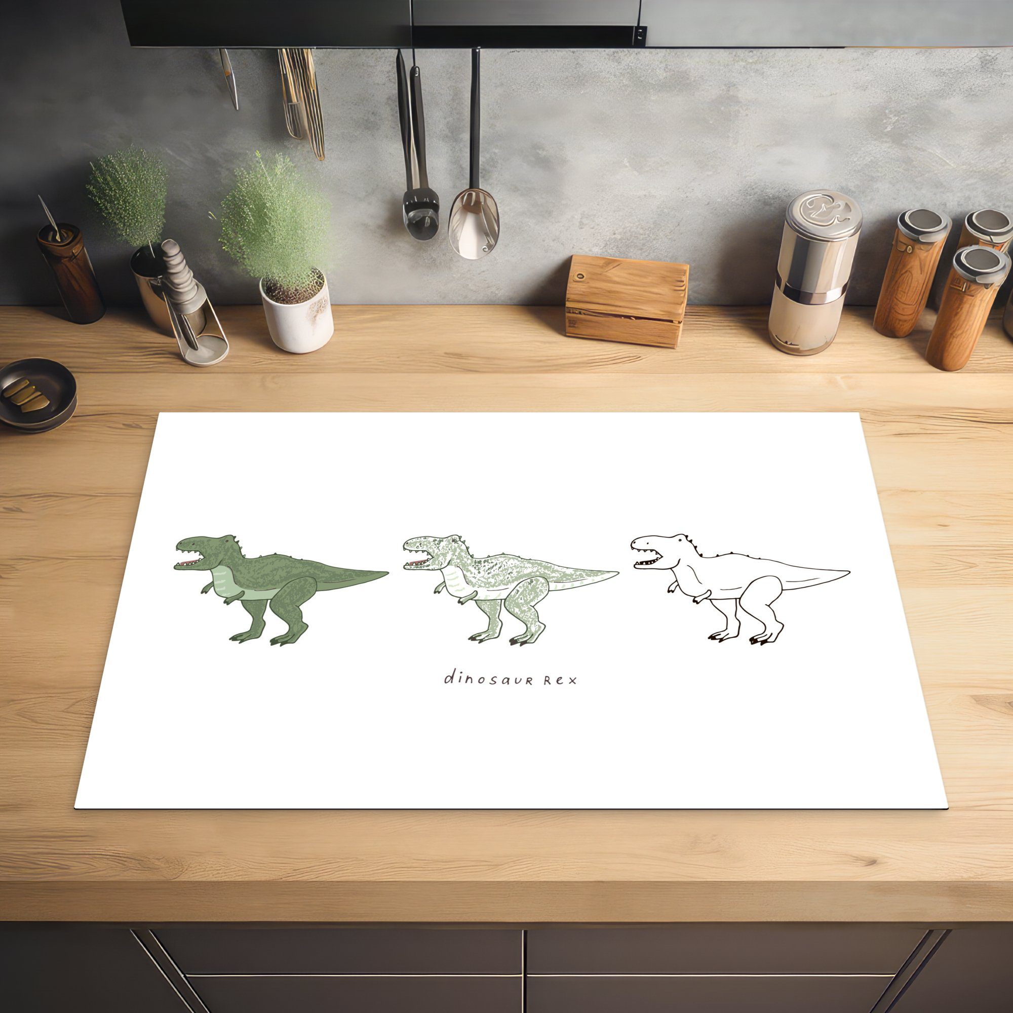 cm, - Schutz Tyrannosaurus die - Induktionskochfeld MuchoWow (1 81x52 Vinyl, - küche, für Dinosaurier Mädchen - Herdblende-/Abdeckplatte tlg), Kinder, Kinderzimmer Ceranfeldabdeckung Jungen -