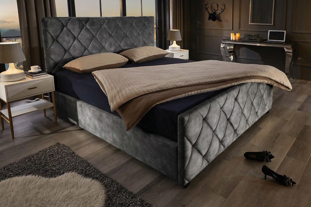 riess-ambiente Boxbett ELYSIUM 180x200cm dunkelgrau – Samt, Bettkasten & Kopfteil, Lattenrost (Einzelartikel, 1-St), Kingsize, Stauraum unter der Liegefläche, elegante Ziersteppung