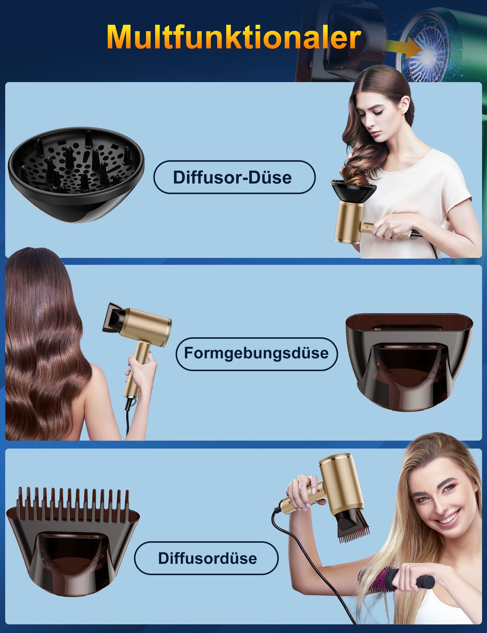 Luckice Haartrockner Haartrockner Föhn Ionen,klappbar,mit 3 Stylingdüse, 2400 W, Schnelltrocknen Hair Dryer Mit 6 Temperatureinstellungen, Reiseföhn Hairdryer Frisuren Zubehör Reisehaartrockner