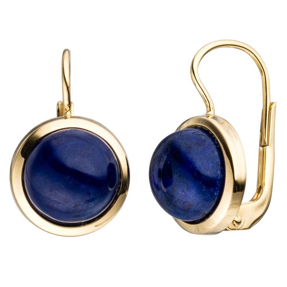 Schmuck Krone Paar 333 Boutons Gelbgold, Gold 333 Ohrhänger Halbkugel Gold Lapis-Lazuli Ohrringe Ohrhänger blau mit