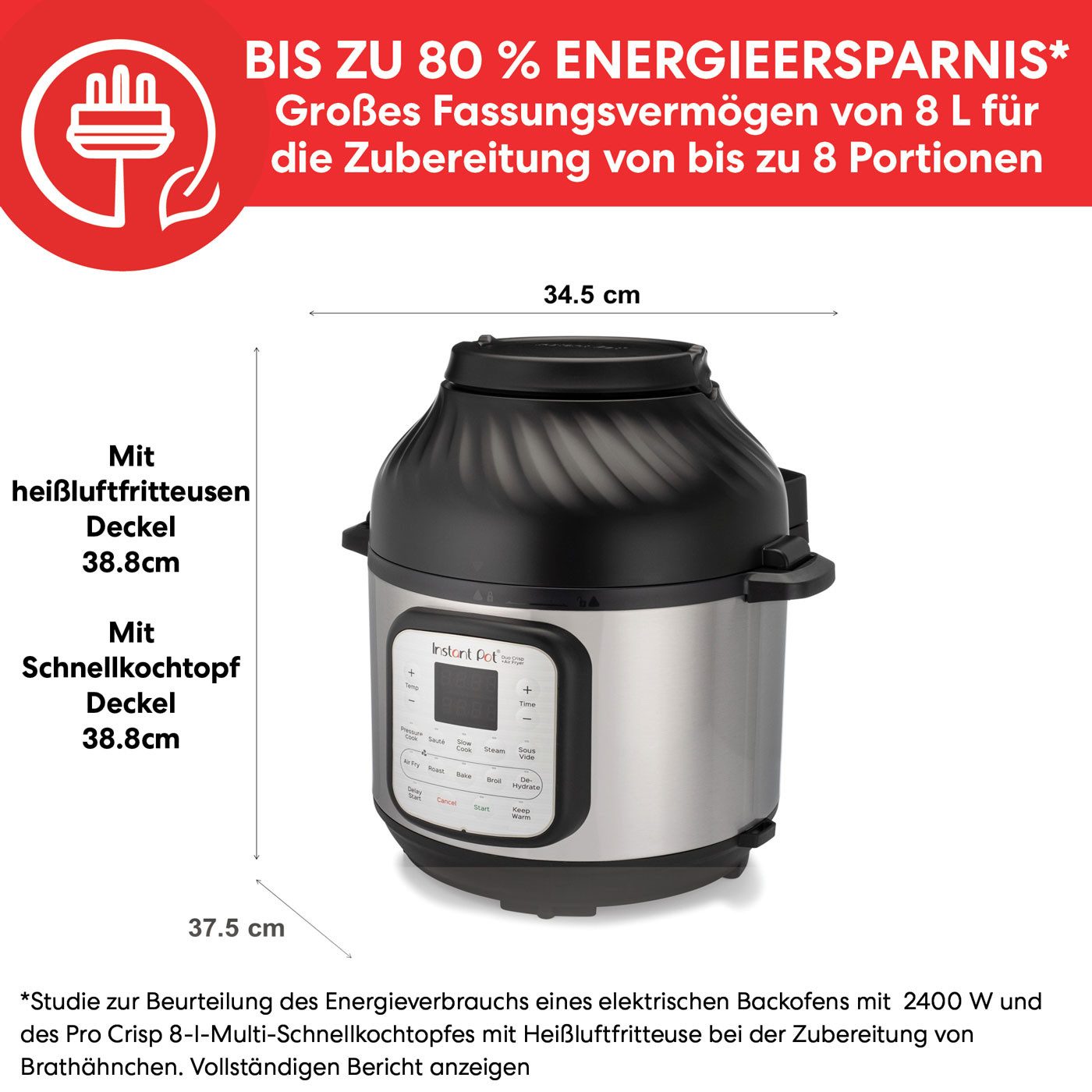 Instant Pot Multikocher Duo Crisp 11-in-1 Heißluftfritteuse 7,6L Slow Cooker One-Pot Dörren, 1500 W, 7.6 l Schüssel, Ein Gerät - zwei Deckel, EvenCrisp™ Technologie
