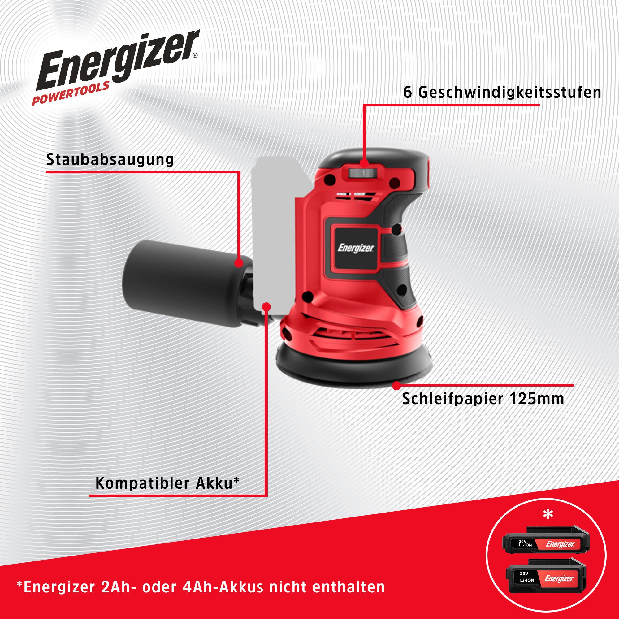 Energizer Band-Tellerschleifer 20V Akku Exzenterschleifer, Staubfangbeutel, Soft-Grip-Griff