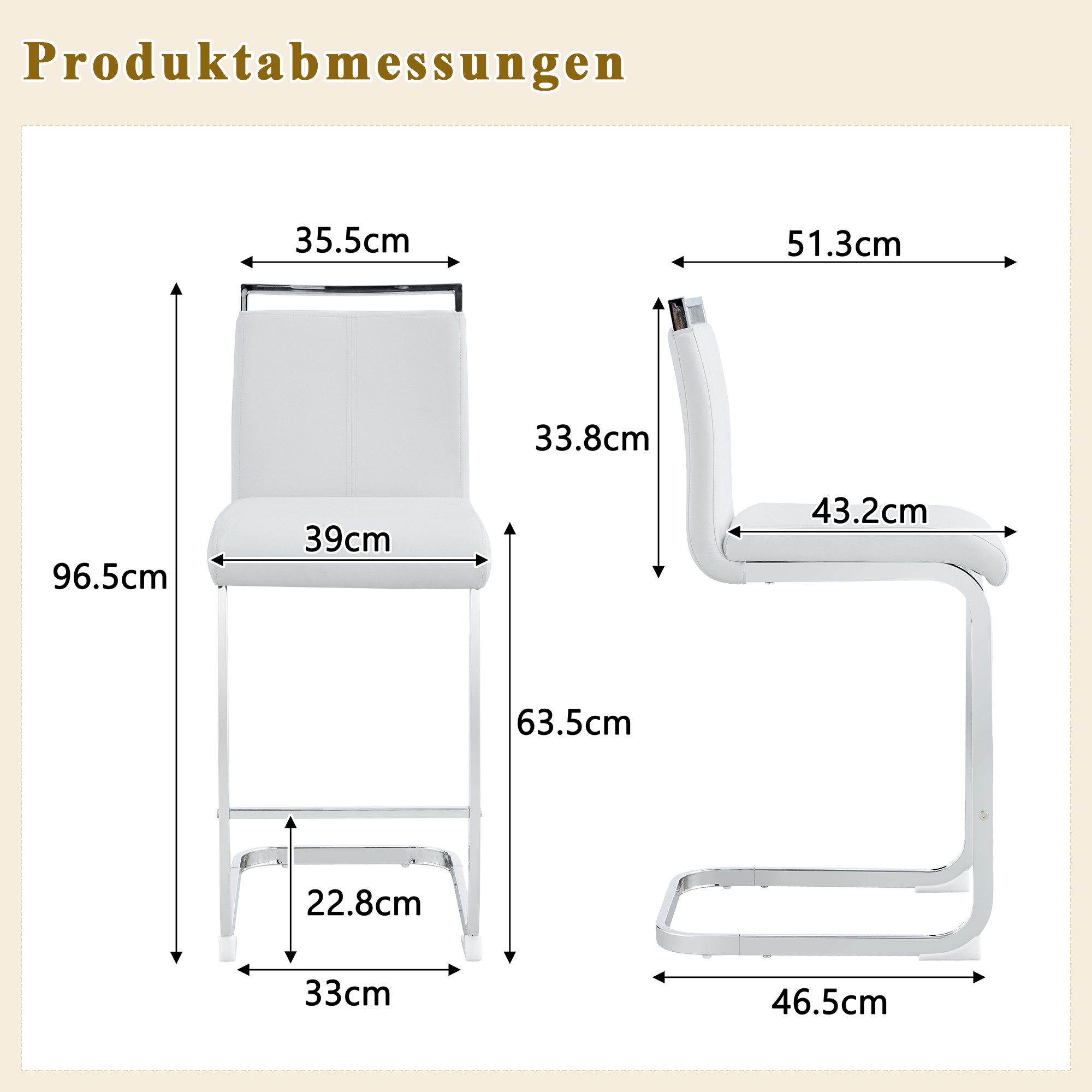 JUFU Barhocker 2er Set mit Fußstütze, Sitzhöhe 63,5 cm, Tresenhocker, Bistrostuhl (2 St), Polsterstuhl, Esszimmerstuhl mit verchromtem Metallgestell