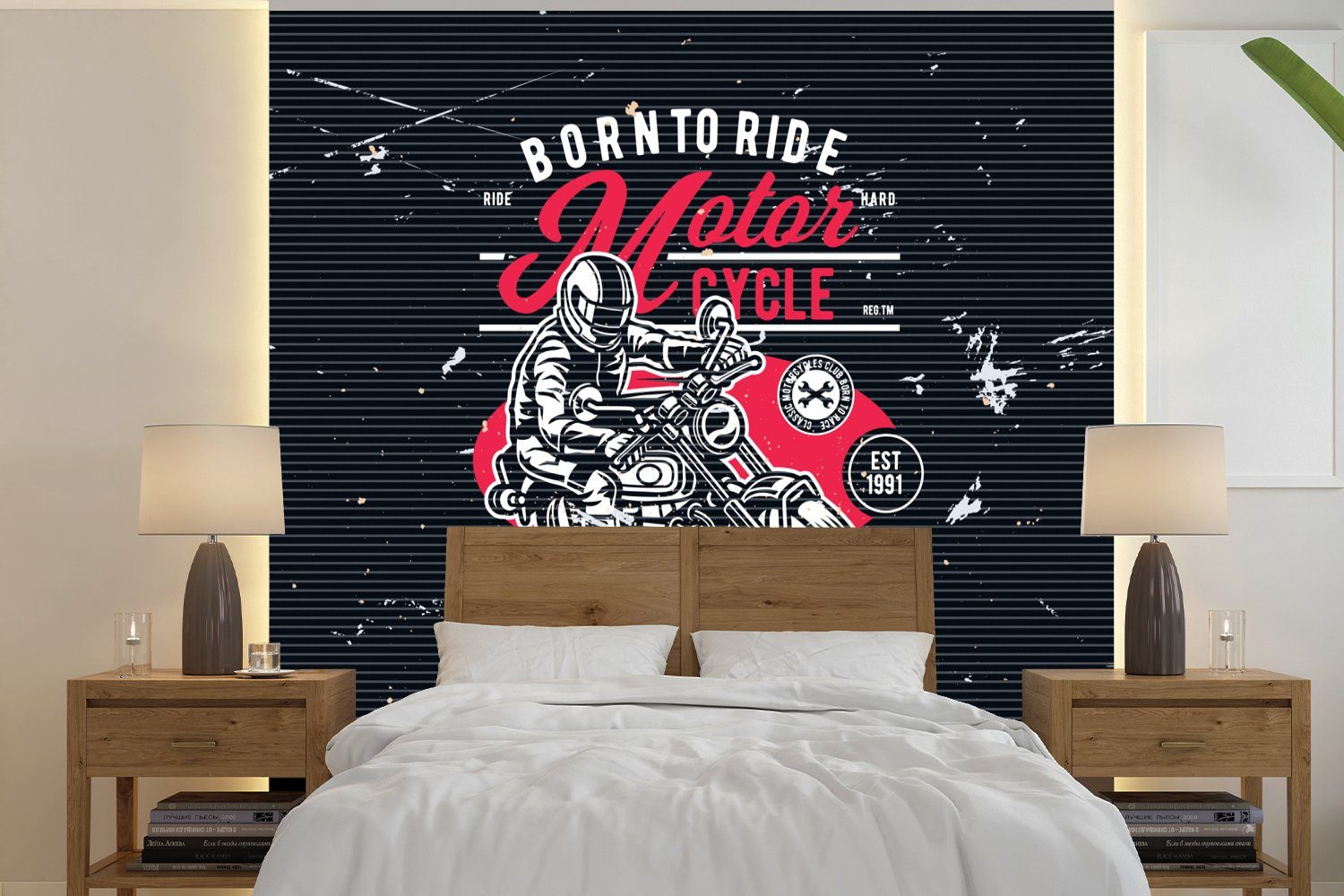 MuchoWow Vinyl bedruckt, Schlafzimmer, - Motorrad - Mancave Oldtimer, oder Fototapete - Tapete St), Wandtapete Fahrzeuge (5 Wohnzimmer Matt, für