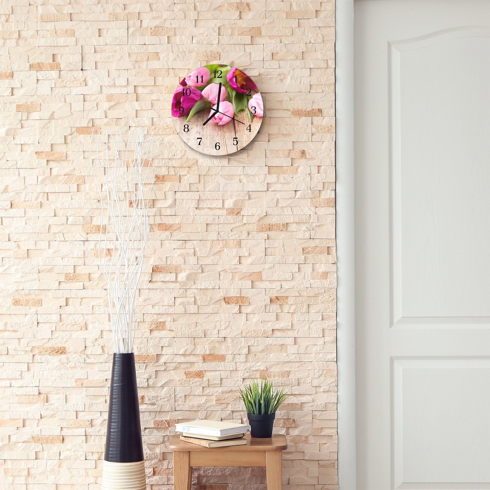 Wanduhr Quarzuhrwerk mit mit Motiv auf 30 Rund Durchmesser und cm aus Holzbrett Tulpen Glas Primedeco Wanduhr -