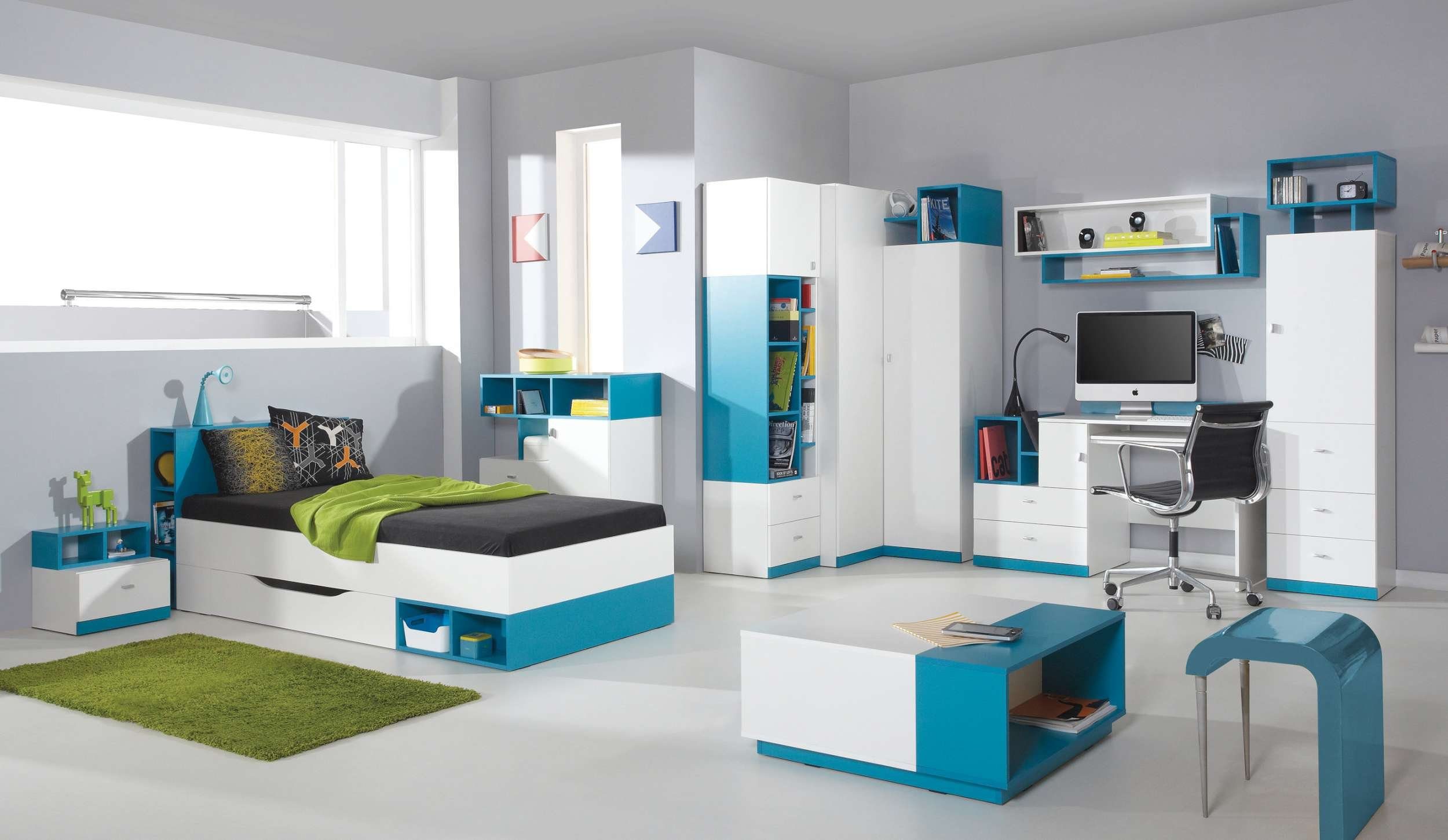 99rooms Jugendzimmer-Set Bond Weiß Hochglanz Türkis, (Jugendzimmer-Set, Set (9-St), 9-teilig, Spanplatte, FSC-Zertifizierung, variabel stellbar, Modern Design