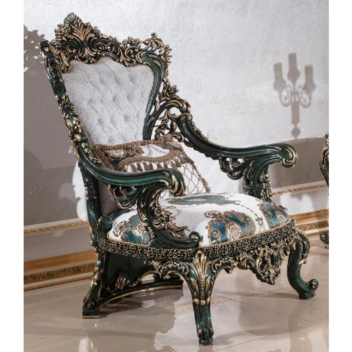 Casa Padrino Sessel Luxus Barock Sessel Weiß / Mehrfarbig / Grün / Gold - Prunkvoller Wohnzimmer Sessel mit elegantem Muster - Barock Wohnzimmer & Hotel Möbel - Edel & Prunkvoll