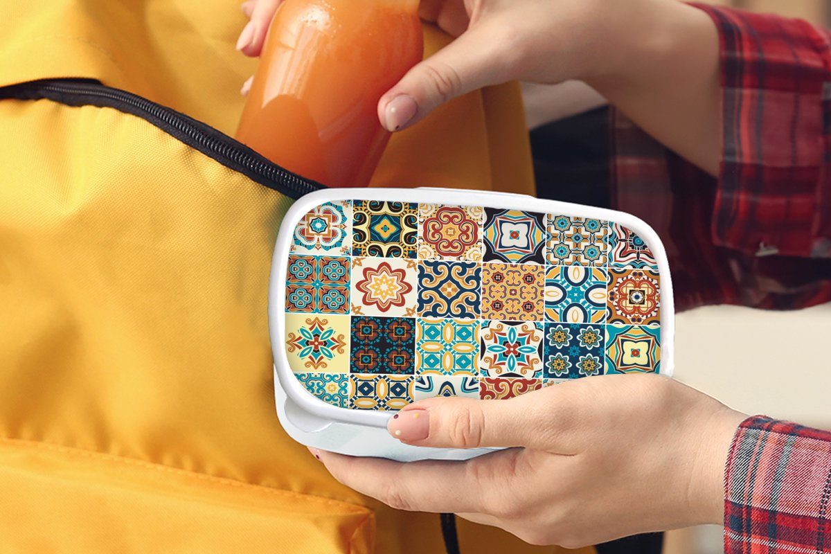Brotbox - weiß für und und Kinder Erwachsene, Blau Mädchen Kunststoff, - Muster Vintage für Orange, Blumen - - Jungs Brotdose, MuchoWow Lunchbox (2-tlg),
