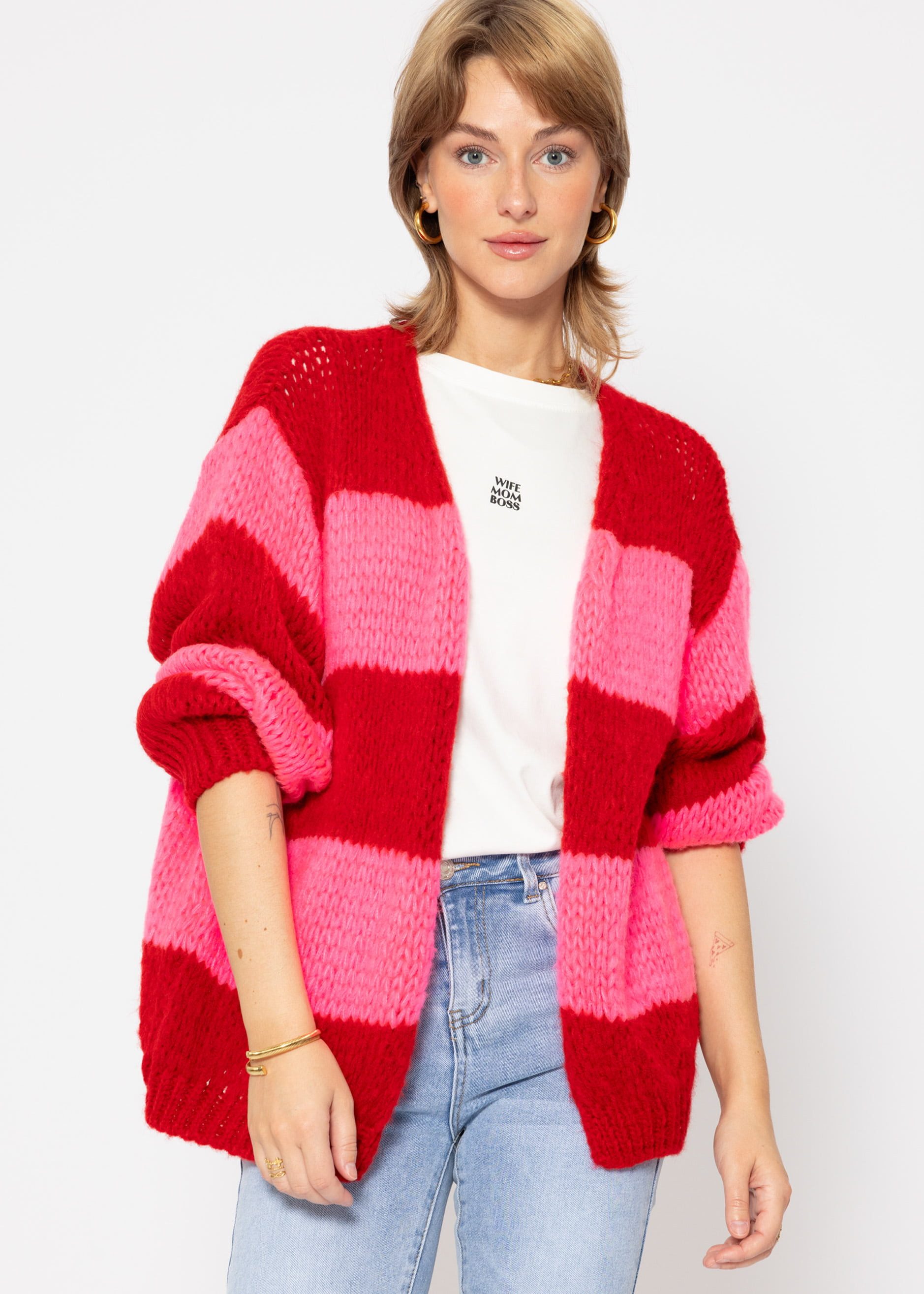 SASSYCLASSY Cardigan Oversize Strickjacke Damen Blockstreifen günstig online kaufen