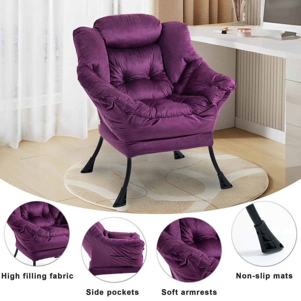 BBG Relaxsessel Lazy Chair Relaxsessel mit Metallgestell & Seitentasche, Bequemer Polstersessel mit Samtbezug, Loungesessel