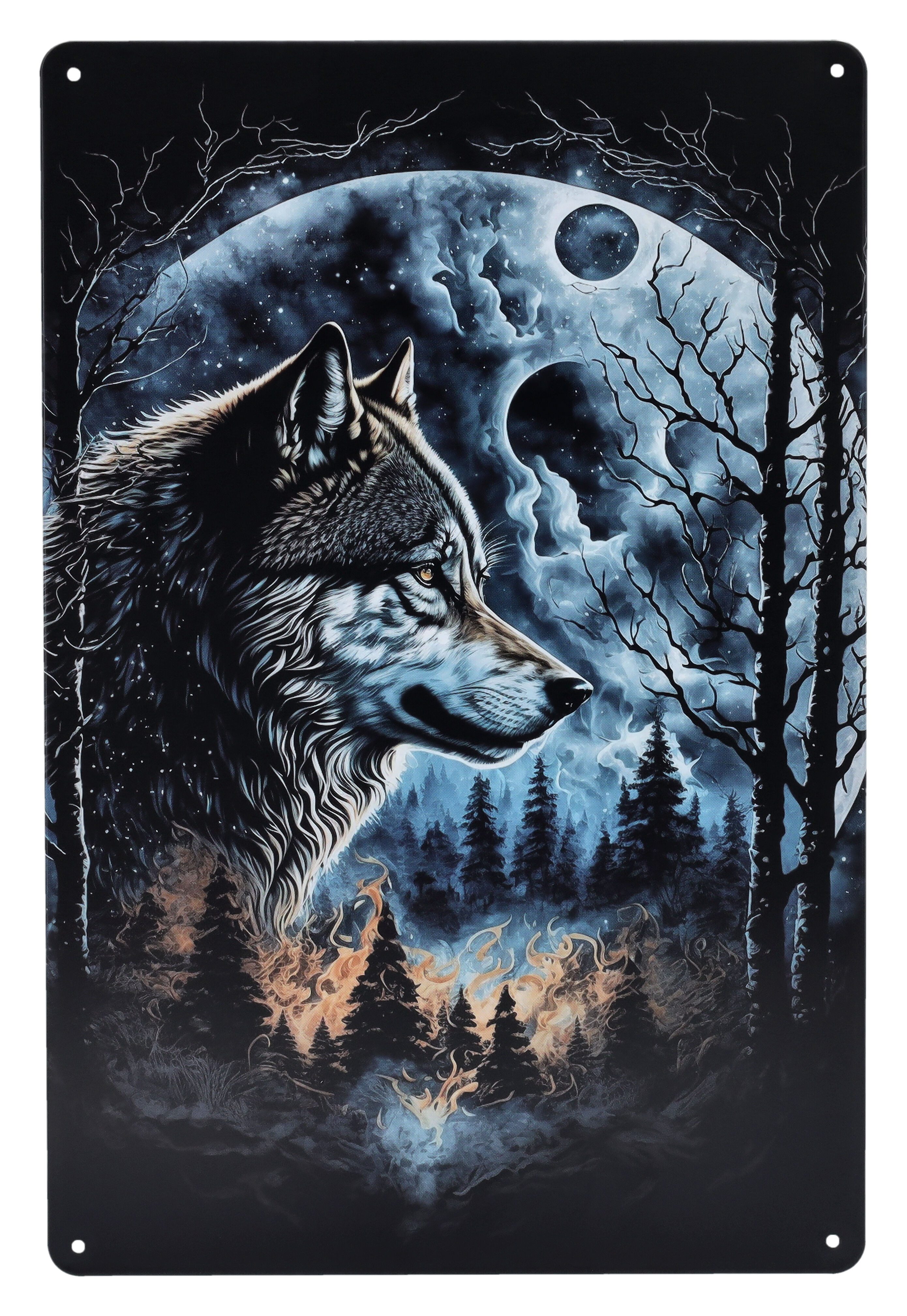 Figuren Shop GmbH Metallschild Blechschild - Wolf Inferno - Wandschild Dekoschild Fantasy Tierdeko