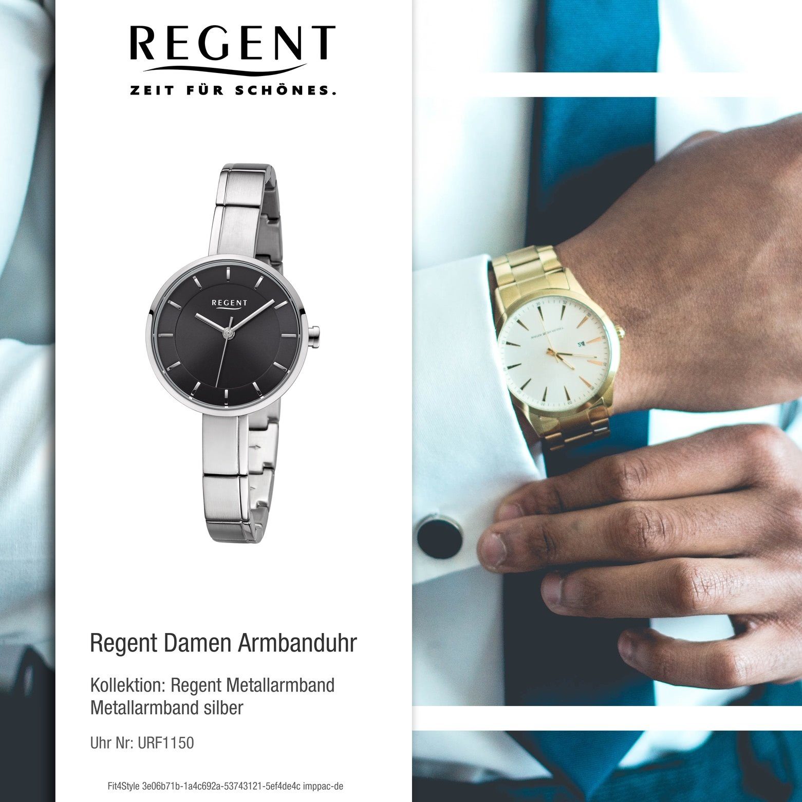 Damen Uhren Regent Quarzuhr URF1150 Regent Damen Uhr F-1150 Metall Quarz, Damen Armbanduhr rund, Metallarmband silber