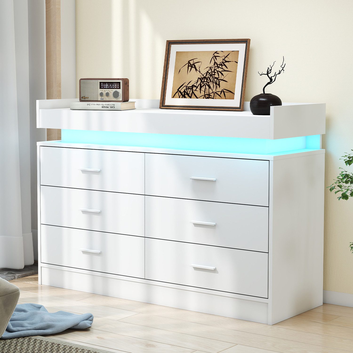 oyajia Kommode Sideboard mit 6 Schubladen und LED-Beleuchtung, Schrank für Wohnzimmer und Schlafzimmer Weiß