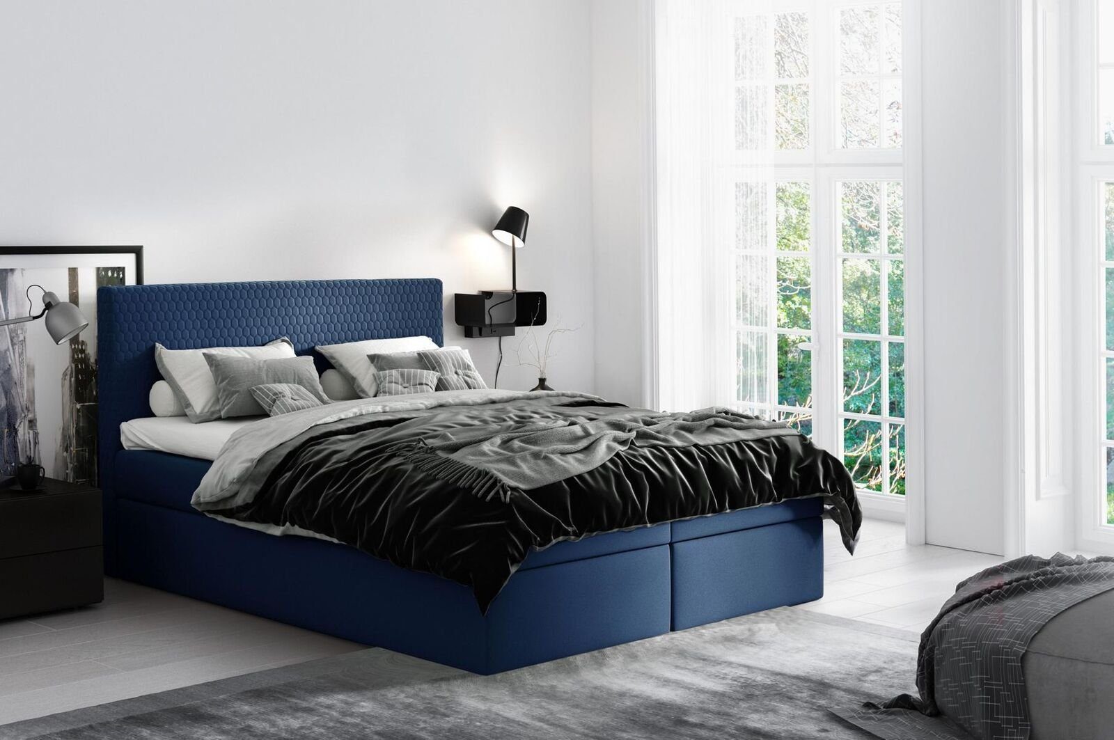 JVmoebel Bett, Boxspringbett Textil Design Doppel Hotel Modern Bett Schlafzimmer Blau