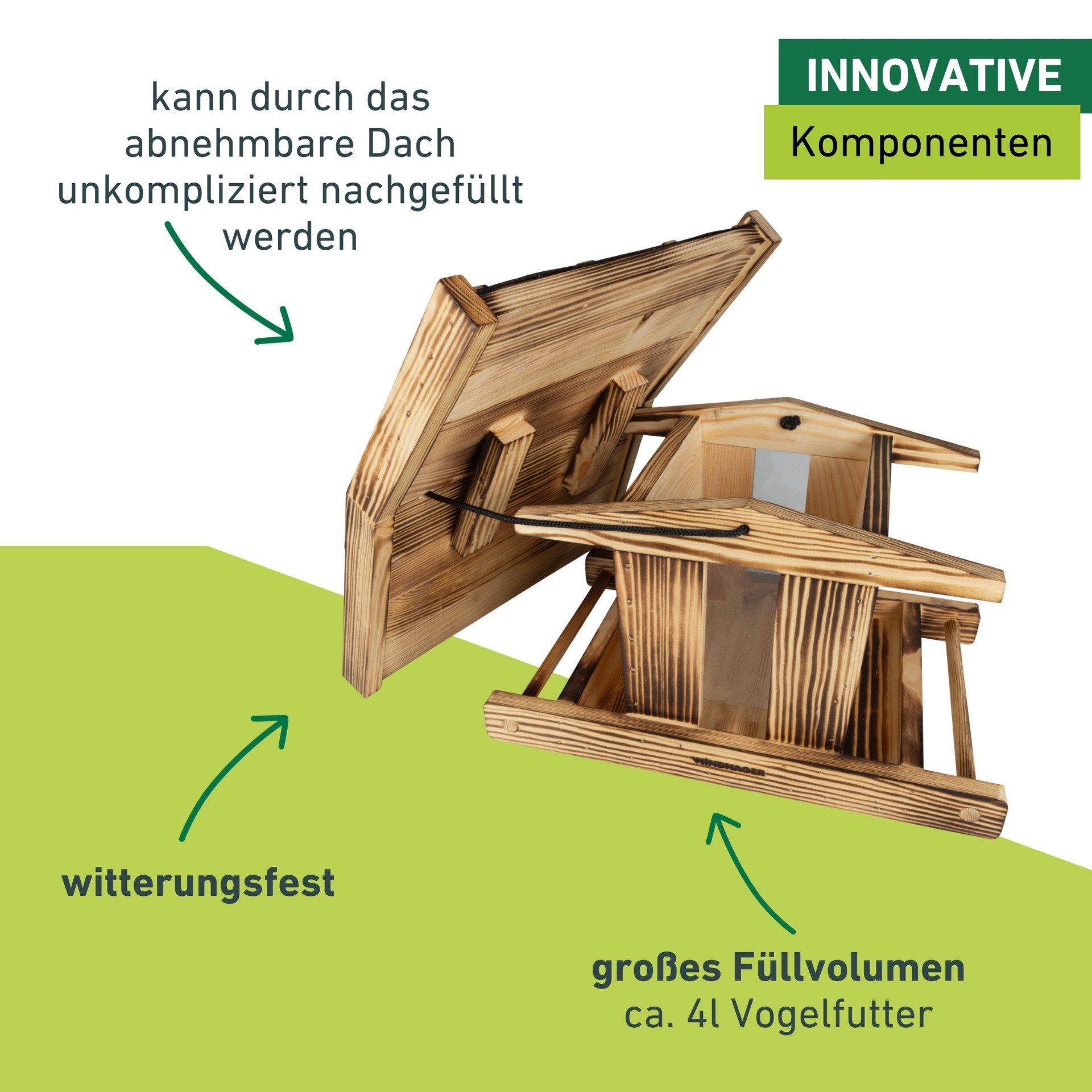 Windhager Vogelhaus Canteen XL, Vogelfuttersilo aus massiven Kiefernholz, Futterstation inkl. Aufhängung, Füllvolumen ca. 4 Liter