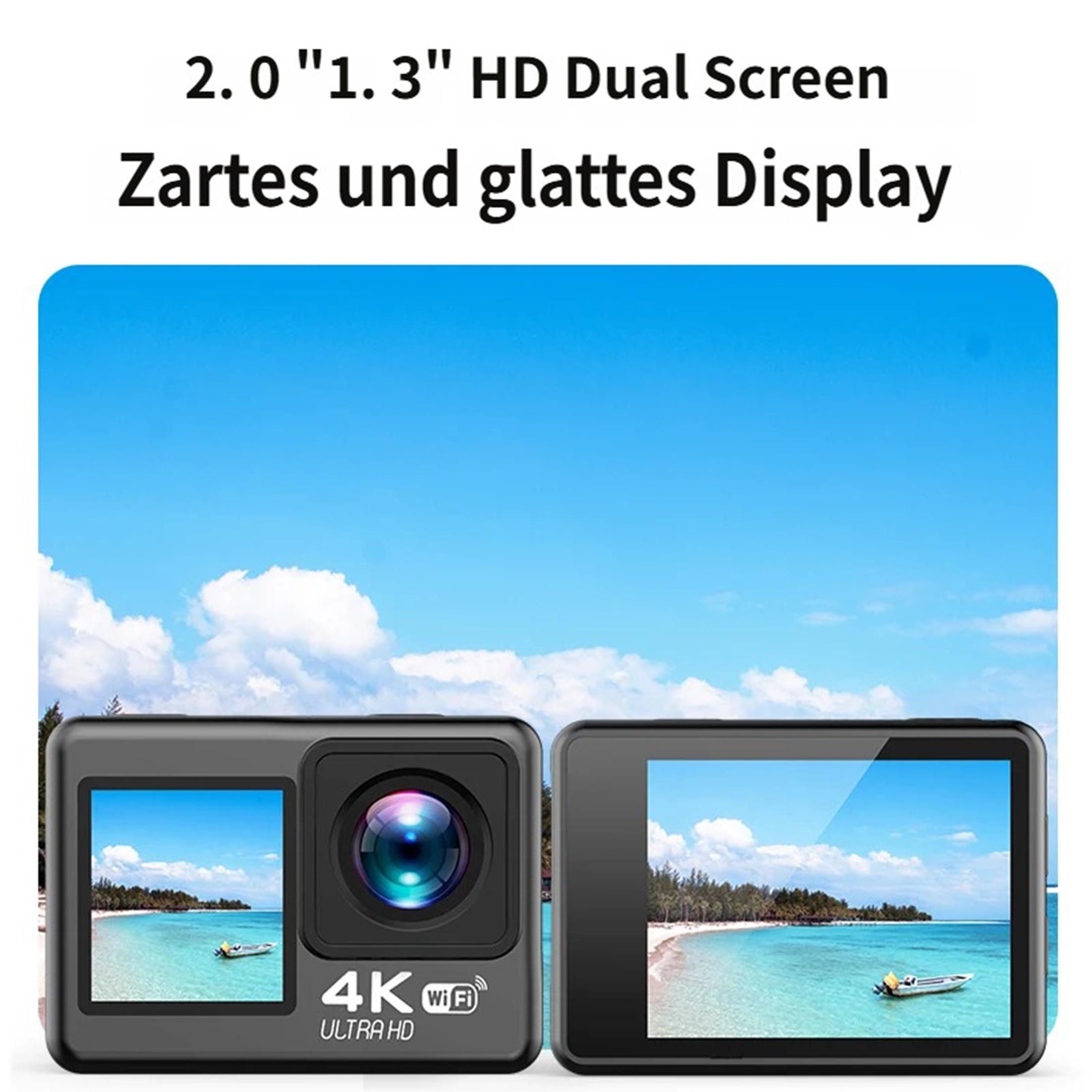 KINSI Action Cam 4K, WLAN Sportkamera 20MP mit EIS Bildstabilisierung Action Cam (170°-Weitwinkel, Duale Farbbildschirme, wasserdicht)
