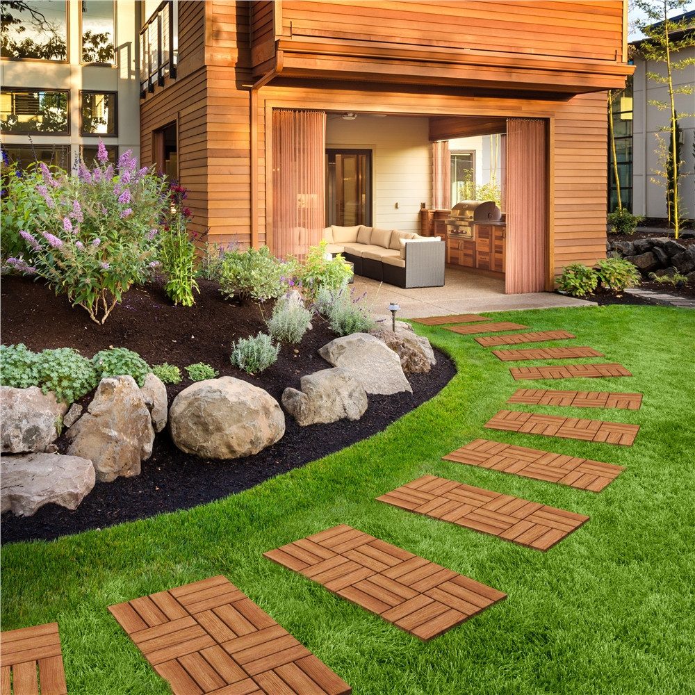 Yaheetech Holzfliesen 30 cm × 30 cm Balkonfliesen aus Akazienholz, 10 St., 10 Stk. Terrassenfliesen mit Klicksystem Wetterfest