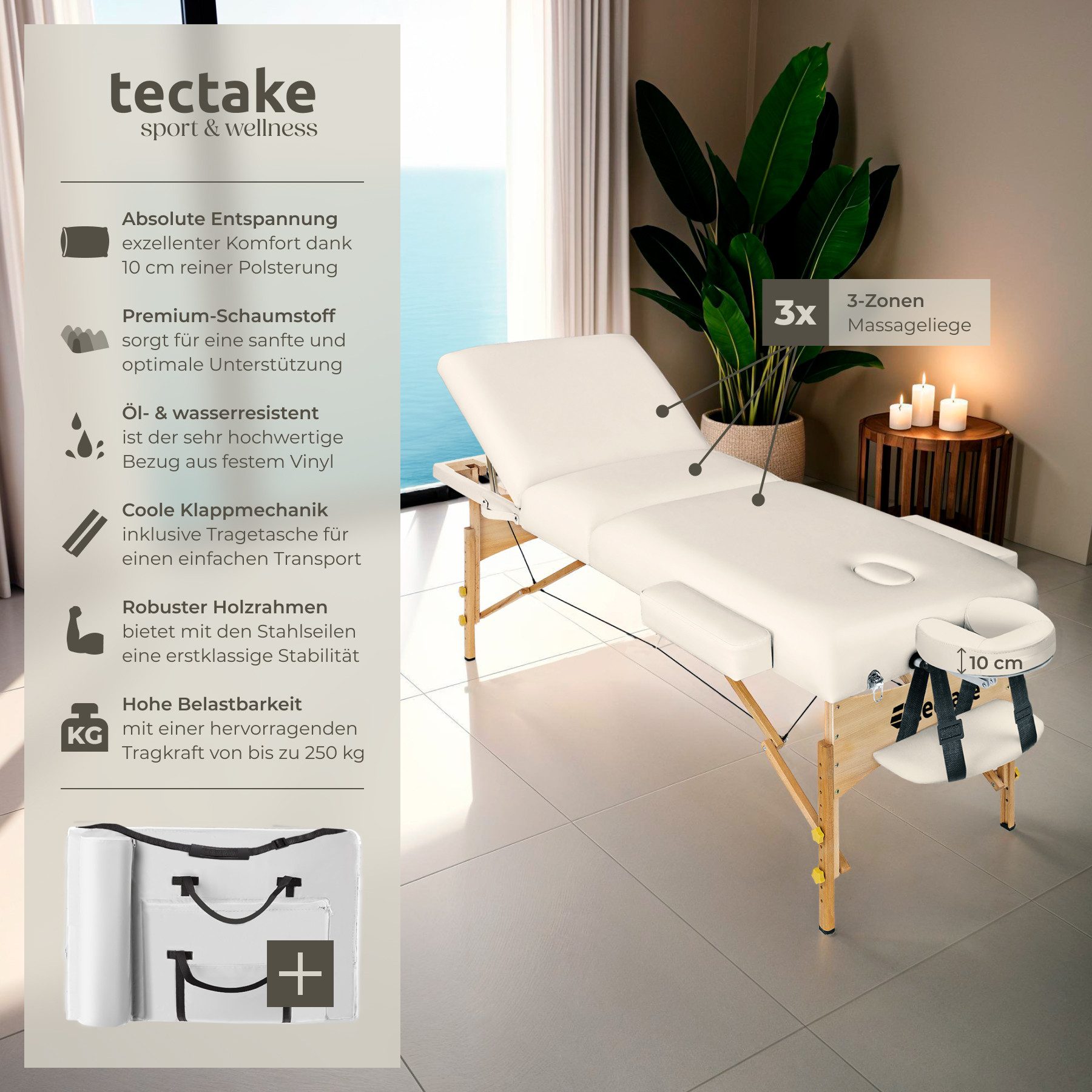 tectake Massageliege 3 zonen tragbare liege mit 10cm polsterung (Set, 1-St., mit Tragetasche), holzgestell, belastbar bis 250 kg