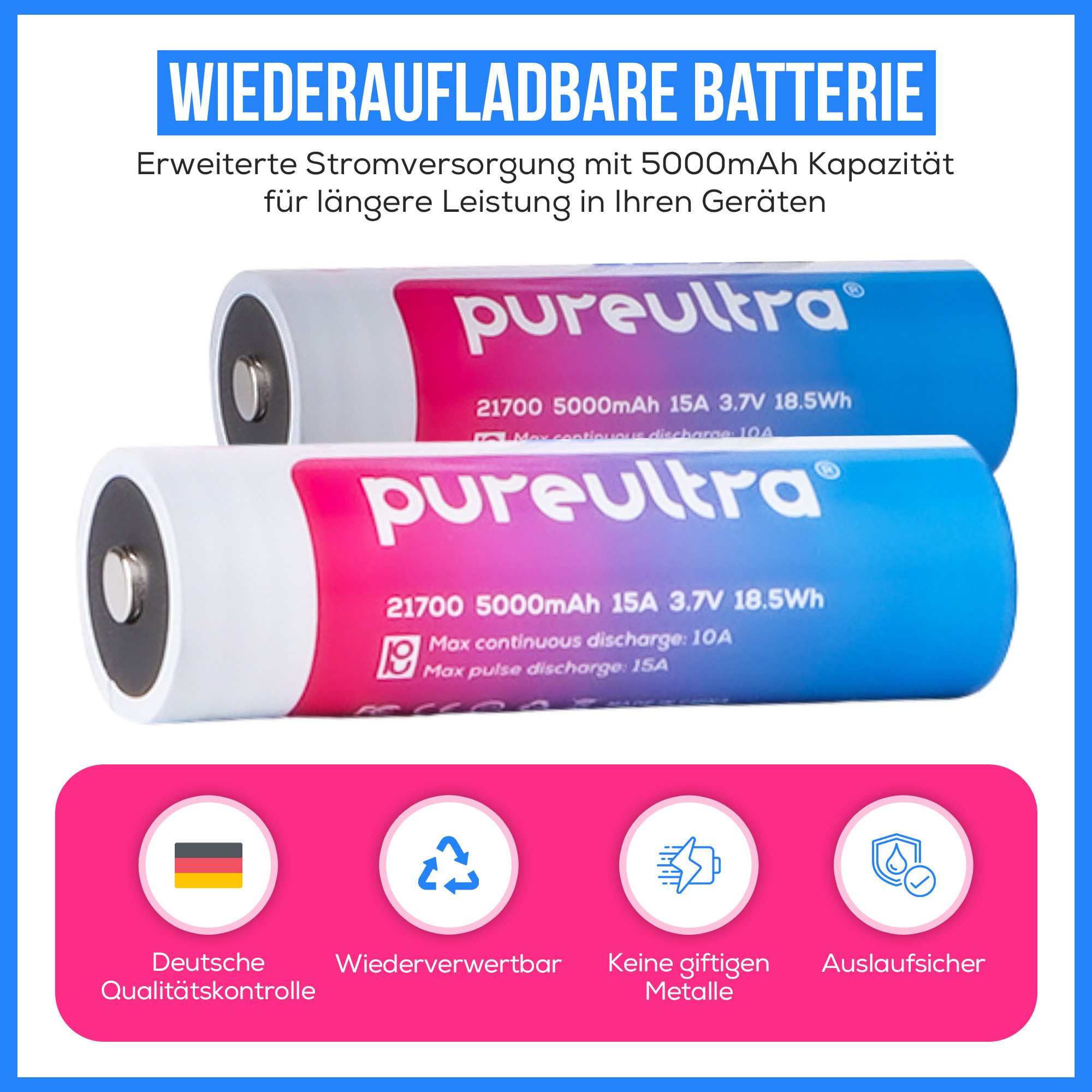 PureUltra 21700 Akku IMR Li-Ion High Drain Batterie (3,7 V), Button Top
