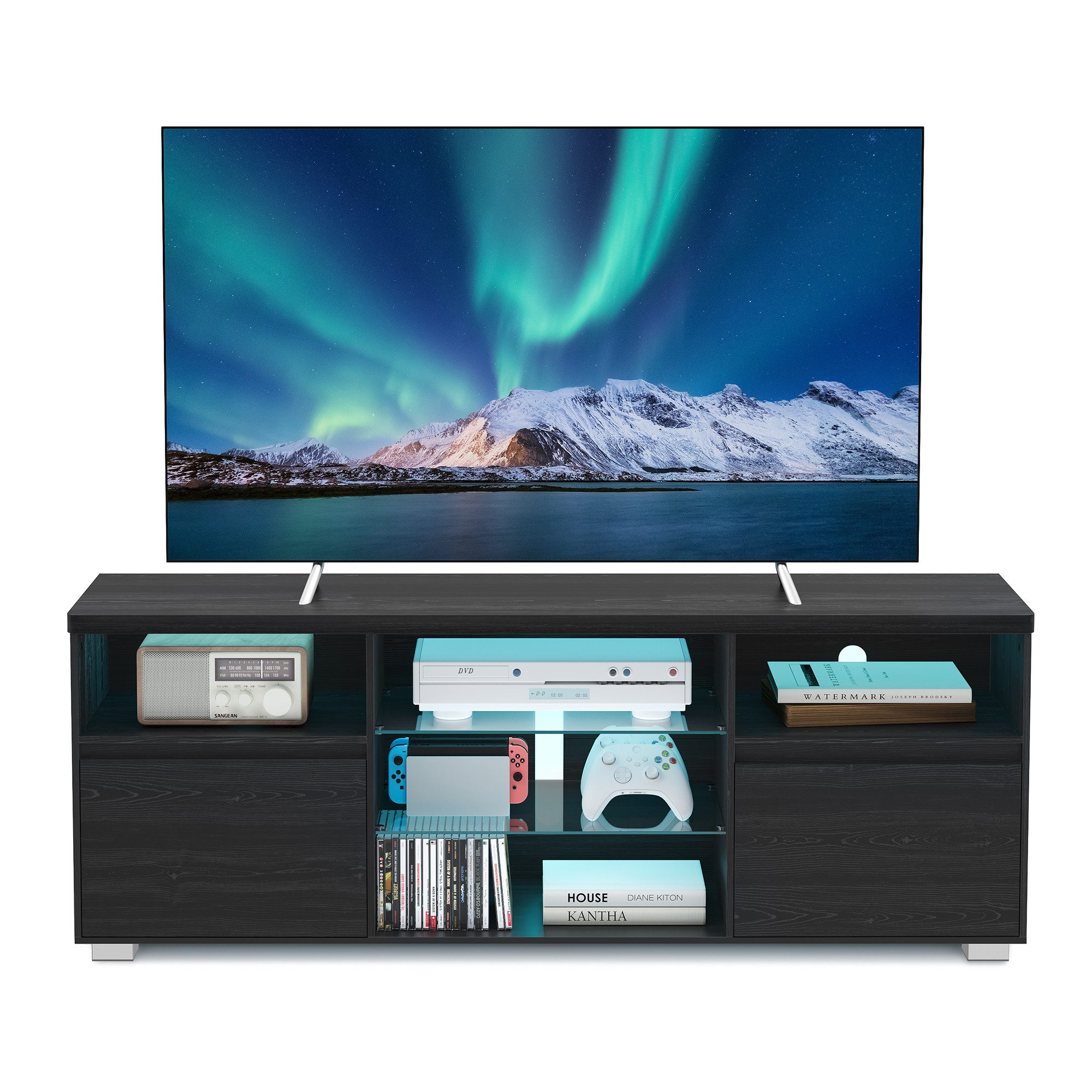 VASAGLE TV-Schrank mit LED-Beleuchtung, Fernsehtisch, für Wohnzimmer, 40 x 160 x 60 cm für Fernseher bis zu 70 Zoll, mit offenen Ablagen, 2 Schränke, schwarz